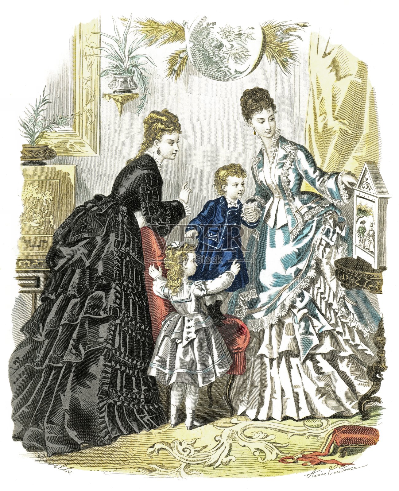 黑色秋装-罗缎裙配蓝色绉纱束腰外衣-童装。优雅时尚1874插画图片素材