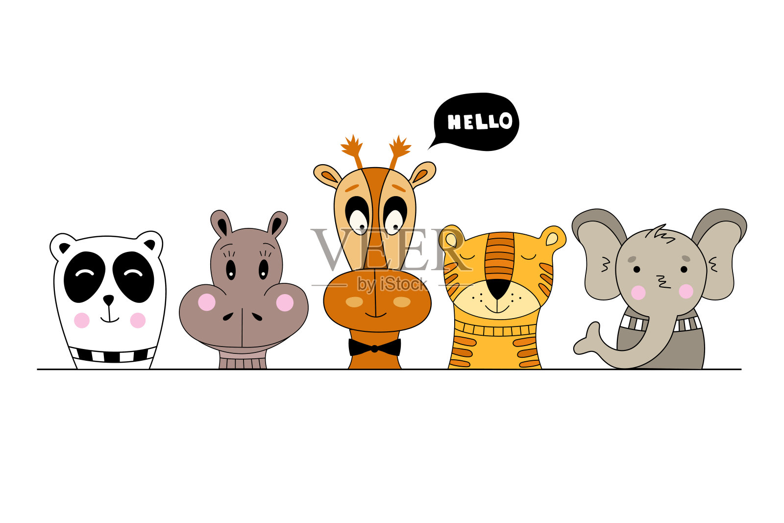 手绘野生动物:熊猫、老虎、大象、河马、长颈鹿。插画图片素材