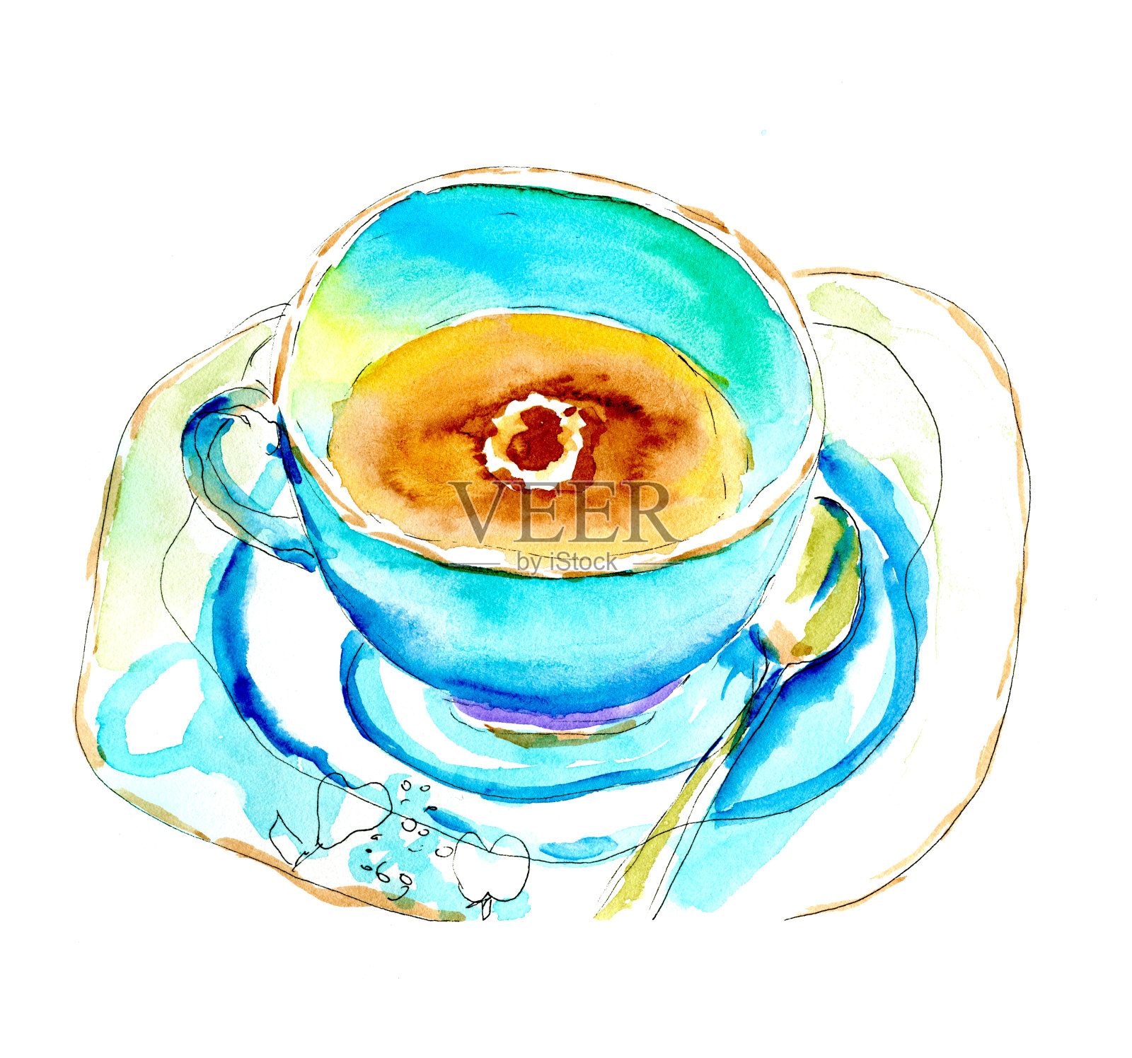 咖啡店里的复古蓝色咖啡杯，配有茶托和勺子。水彩速写插图插画图片素材