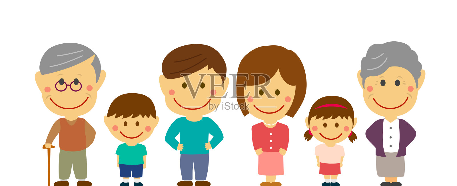变形卡通大家庭平面矢量插图站在一排(亚洲家庭)。插画图片素材