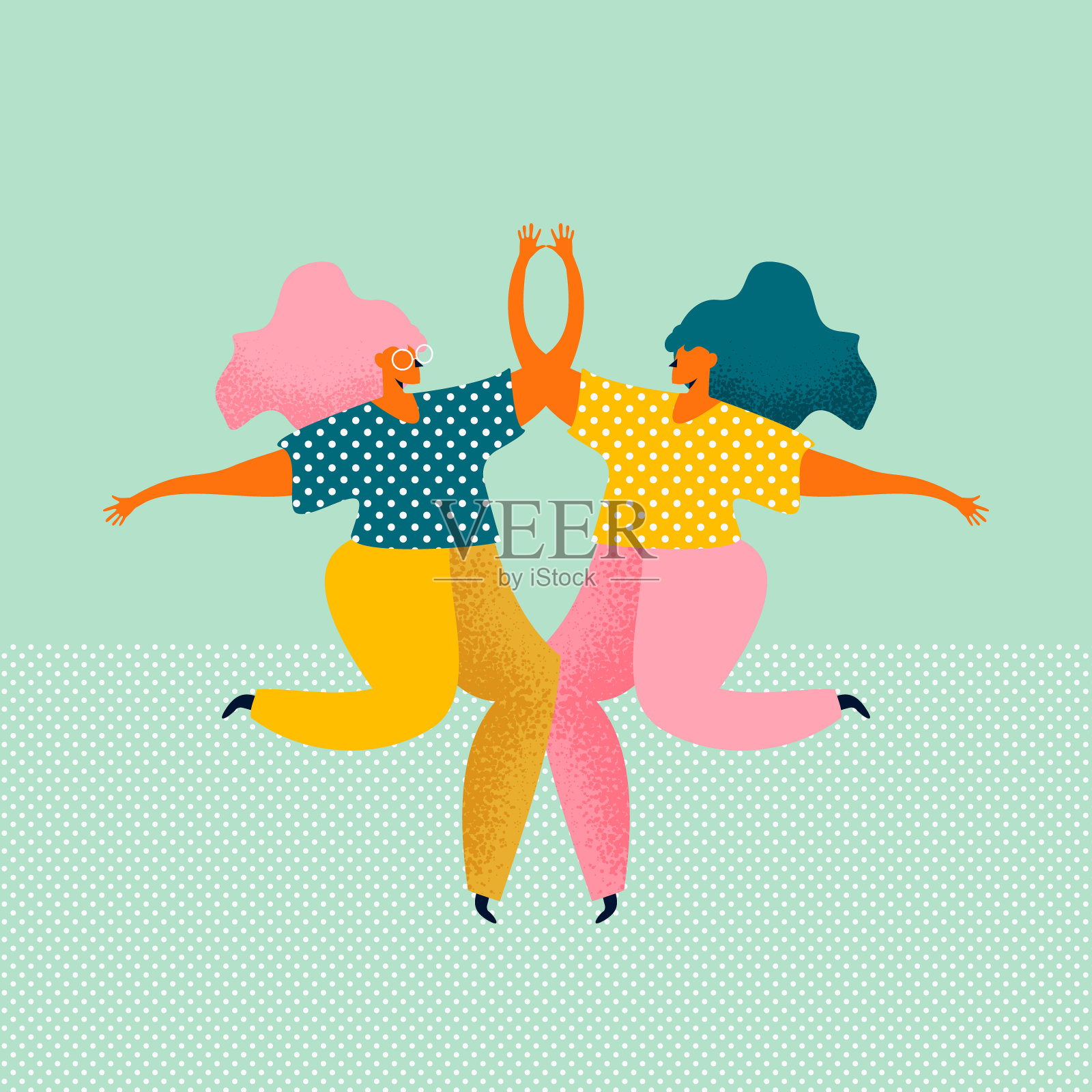 两个穿着现代服装的年轻女子在一起又跳又跳。与女性朋友见面。女性角色被孤立在蓝色背景上。彩色矢量插图在平面风格。插画图片素材