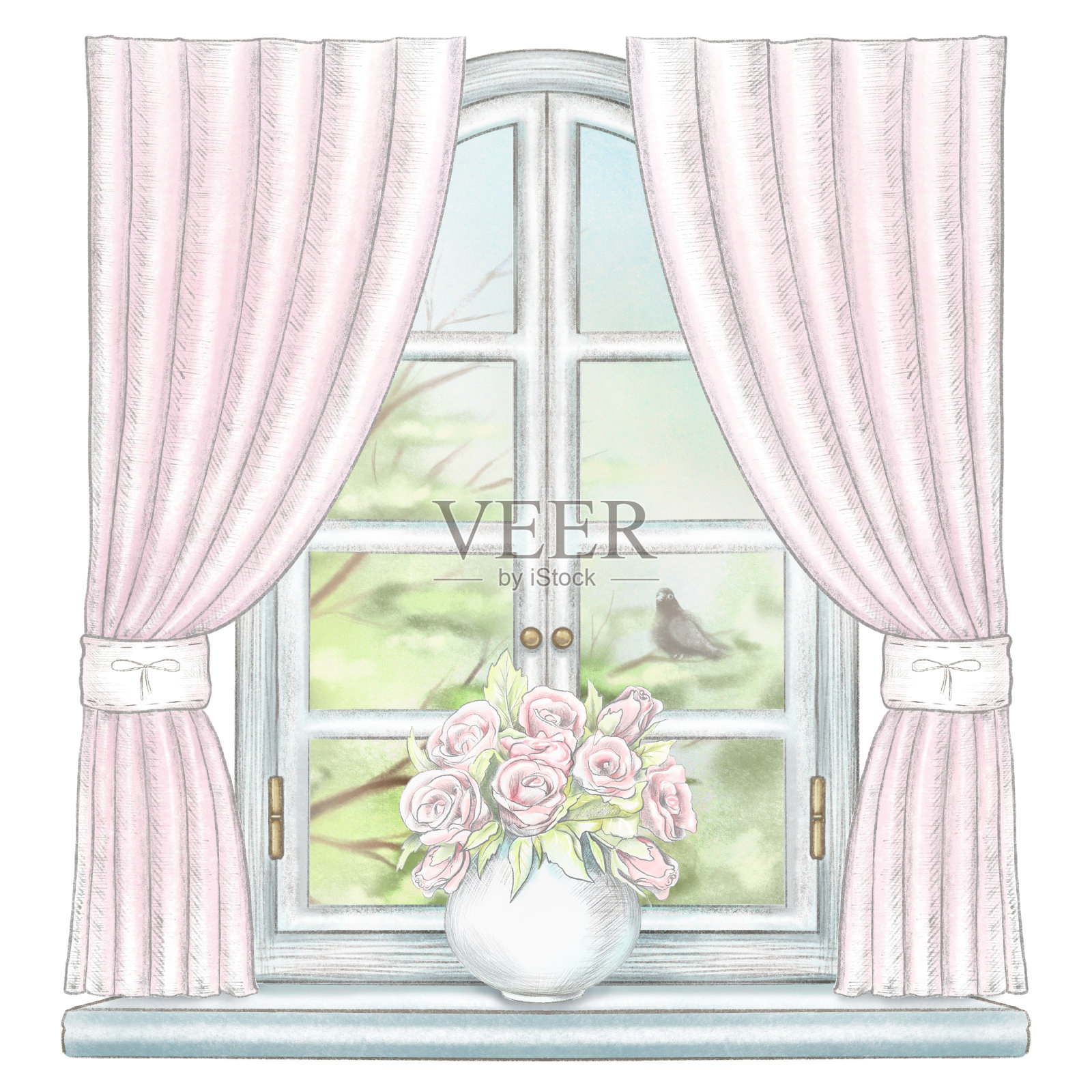 水彩和铅笔画构图与花瓶与花卉在窗户上与夏季景观插画图片素材