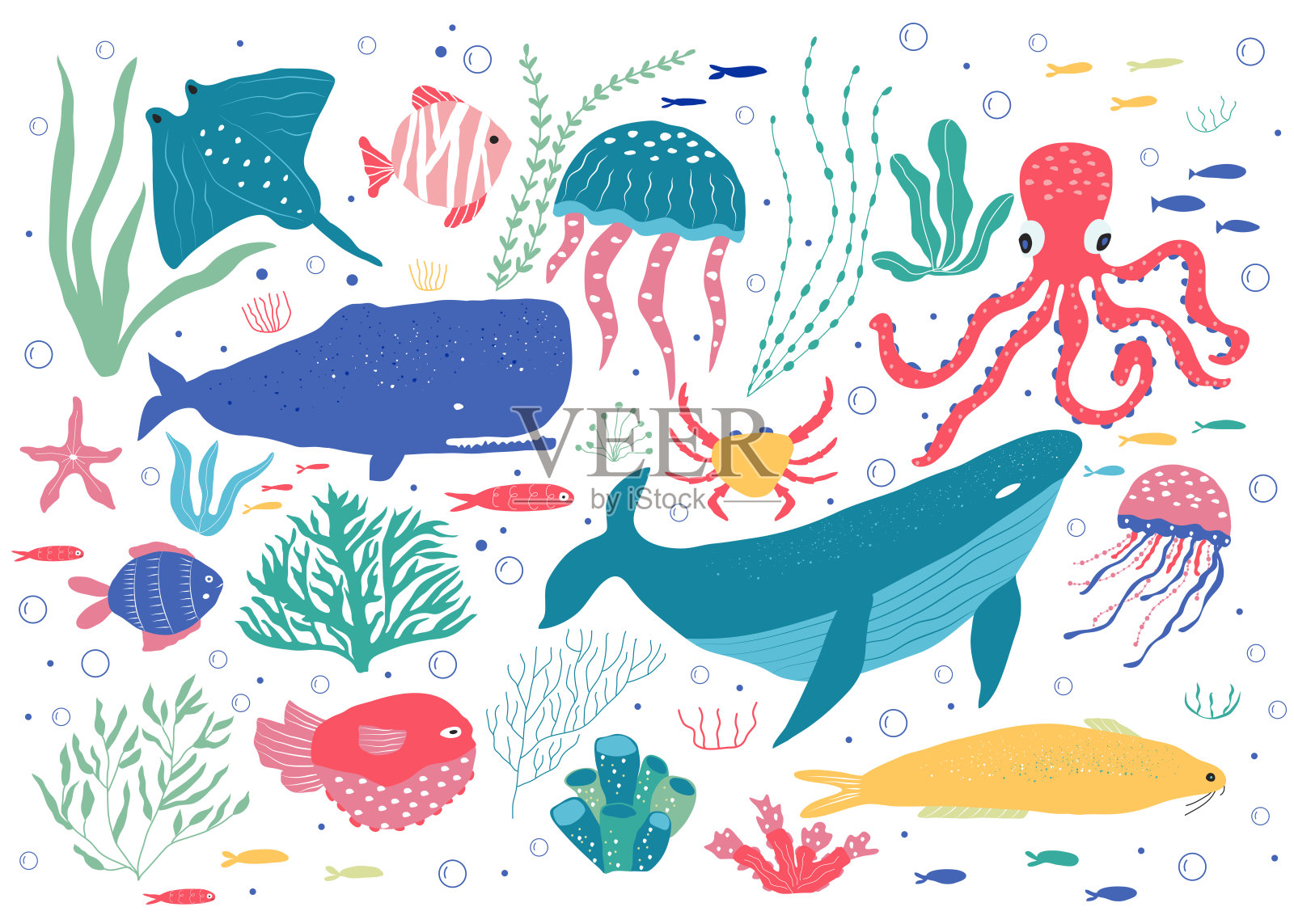 水下生物章鱼、鲸鱼、鱼类、水母、螃蟹、小丑鱼、海洋植物和珊瑚，以海洋动物为织物、纺织品、墙纸、托儿所装饰、版画、儿童背景。向量插画图片素材
