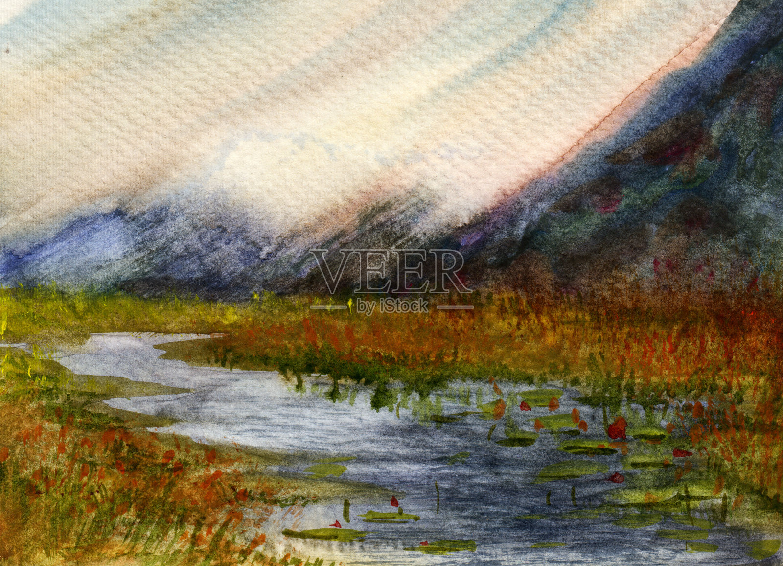 水彩画的蓝山与河流和荷花插画图片素材