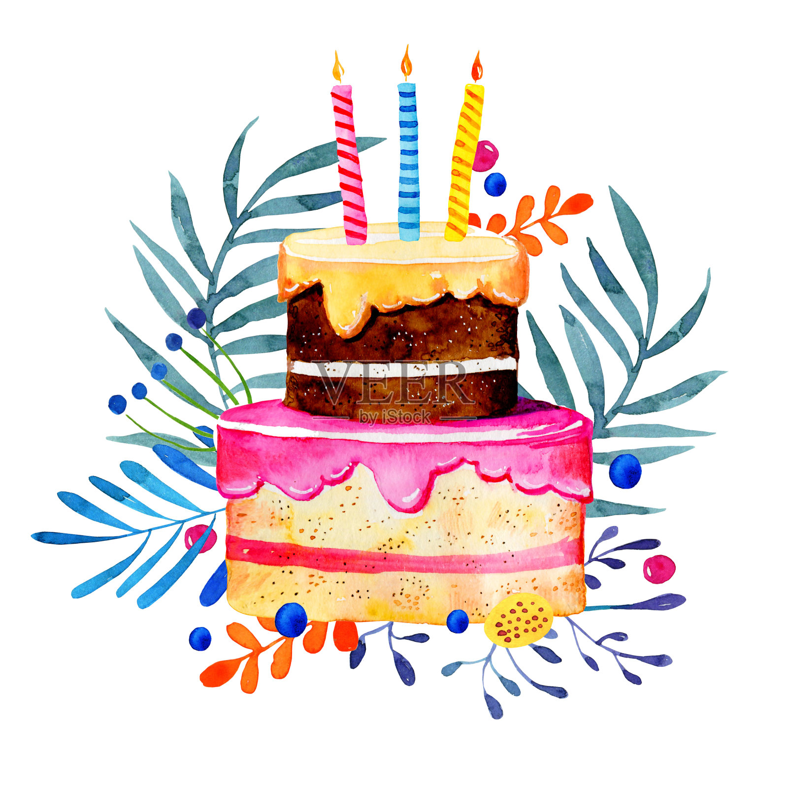背景上有蜡烛和鲜花的生日蛋糕。手绘卡通水彩素描插图设计模板素材