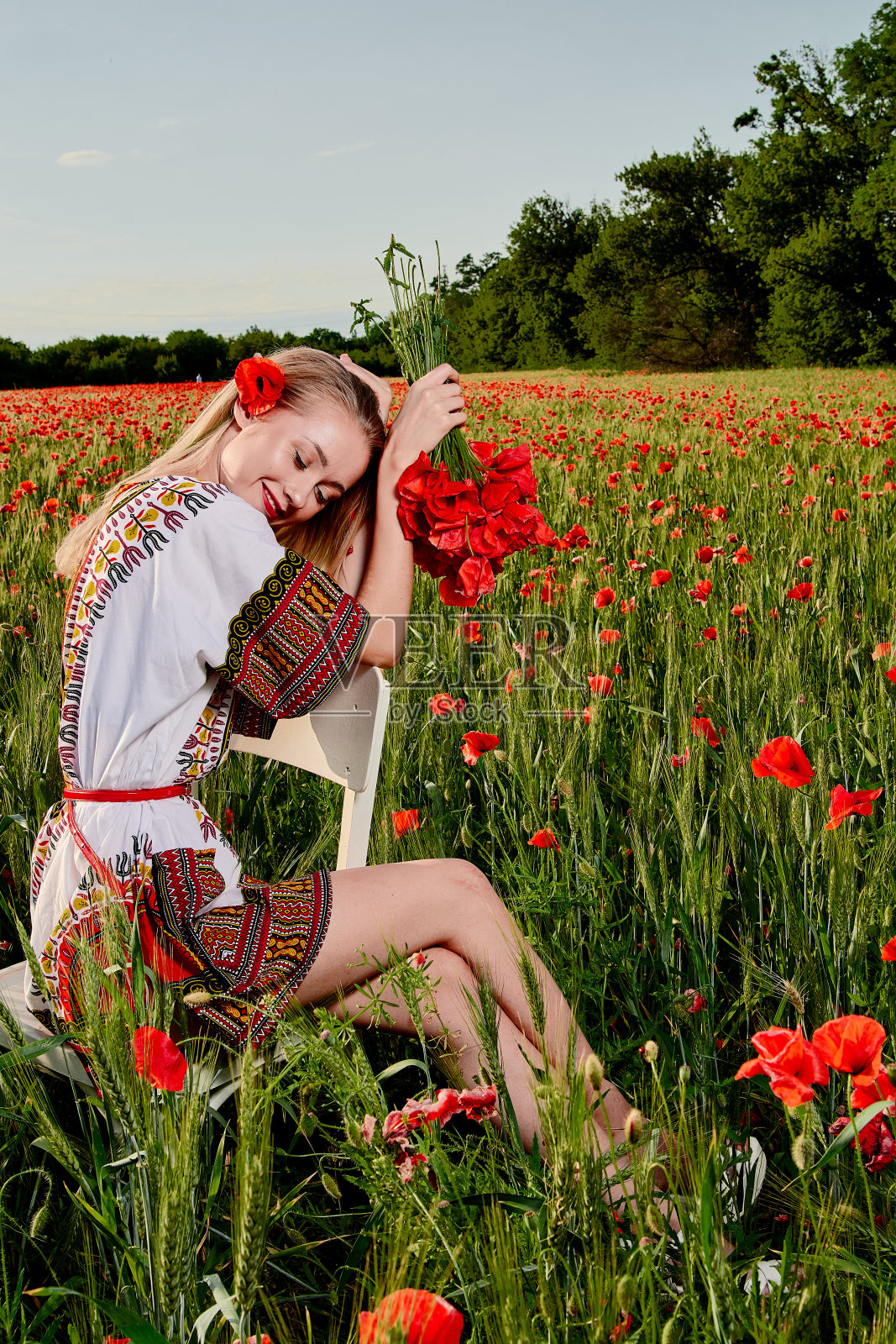 金发碧眼的年轻女子穿着白色短裙，站在绿色的麦田和野罂粟地上。照片摄影图片