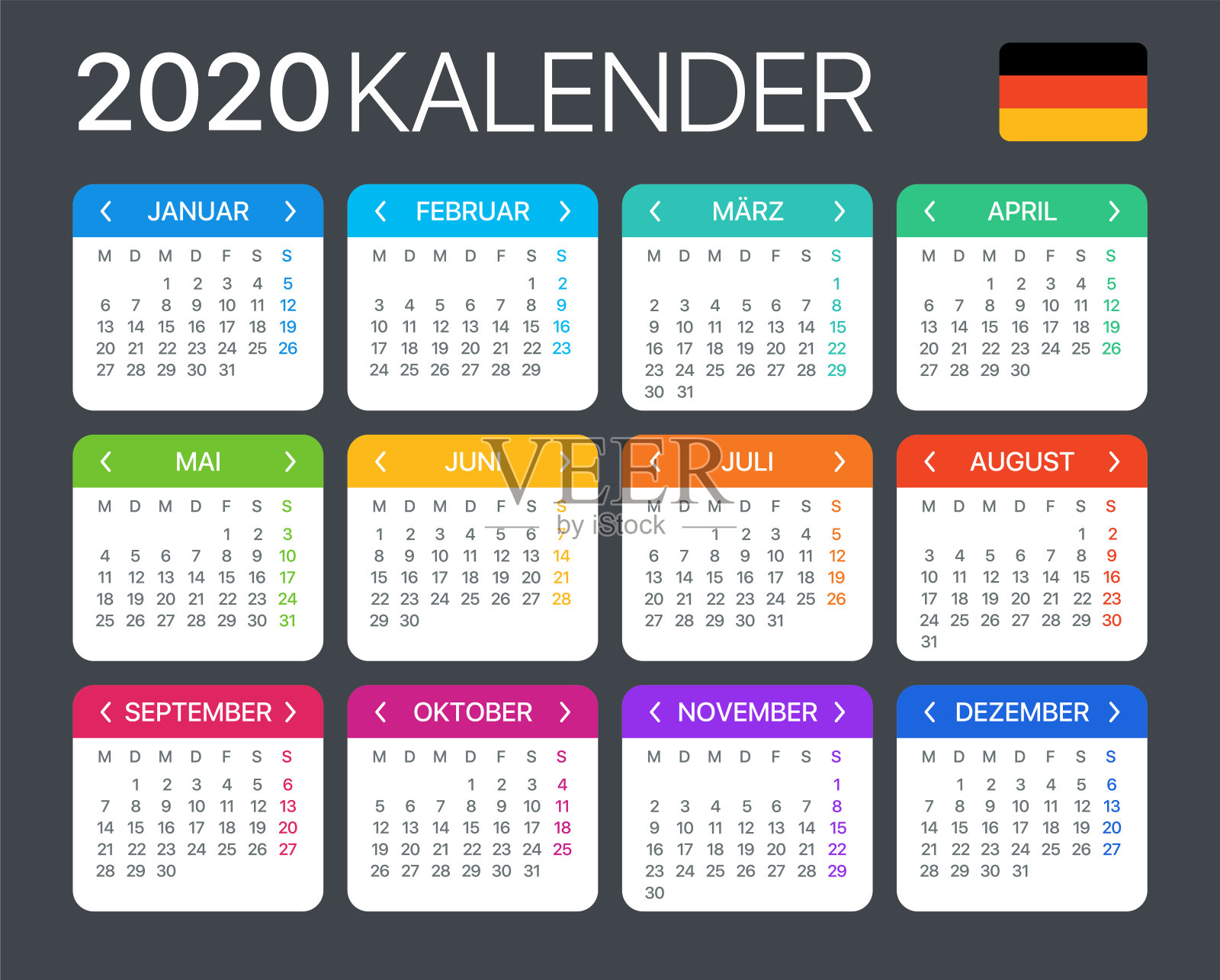 2020年日历-矢量模板图形插图-德国版本设计模板素材