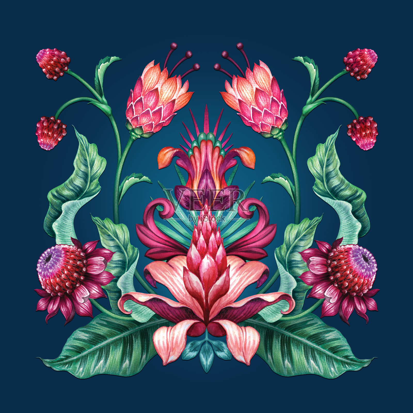 红绿色热带花卉孤立在蓝色背景，民族花卉装饰，民俗主题，植物头巾设计，传统刺绣图案，波西米亚时尚印花，水彩插图插画图片素材