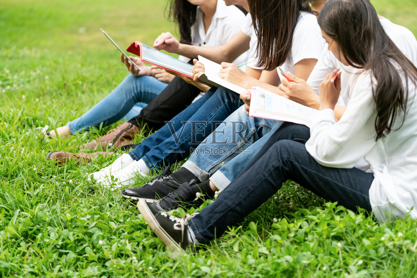 在大学或学校的公园里，年轻的学生在一个小组项目中学习。快乐学习，社区合作，青年友谊理念。照片摄影图片