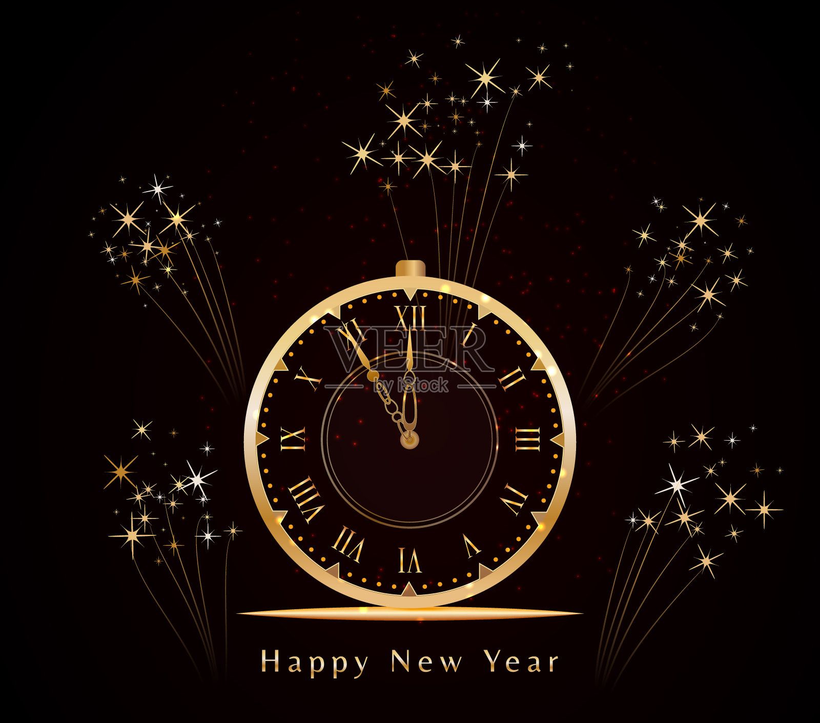 新年快乐的背景与黄金闪闪发光的古董时钟和火花烟花。离午夜还有五分钟。节日横幅，海报，贺卡或邀请模板。本空间插画图片素材