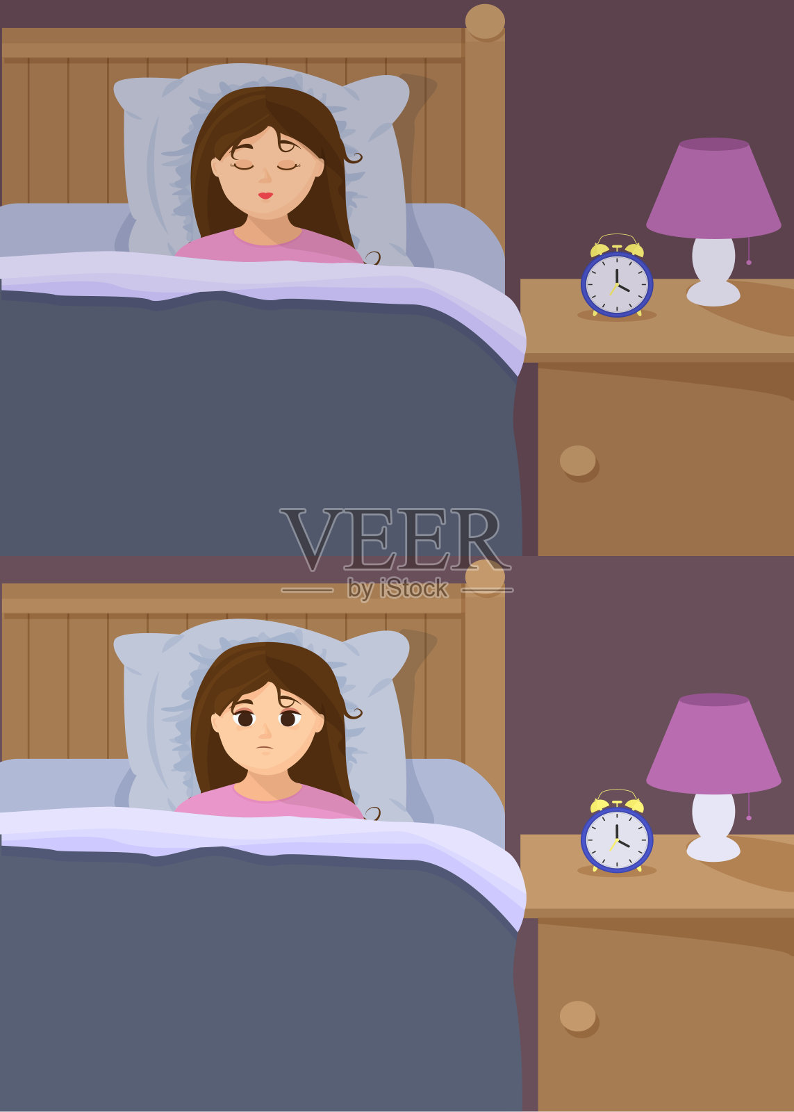 矢量插图在平面卡通风格与悲伤失眠的女人和睡觉的女孩在床上。设计元素图片