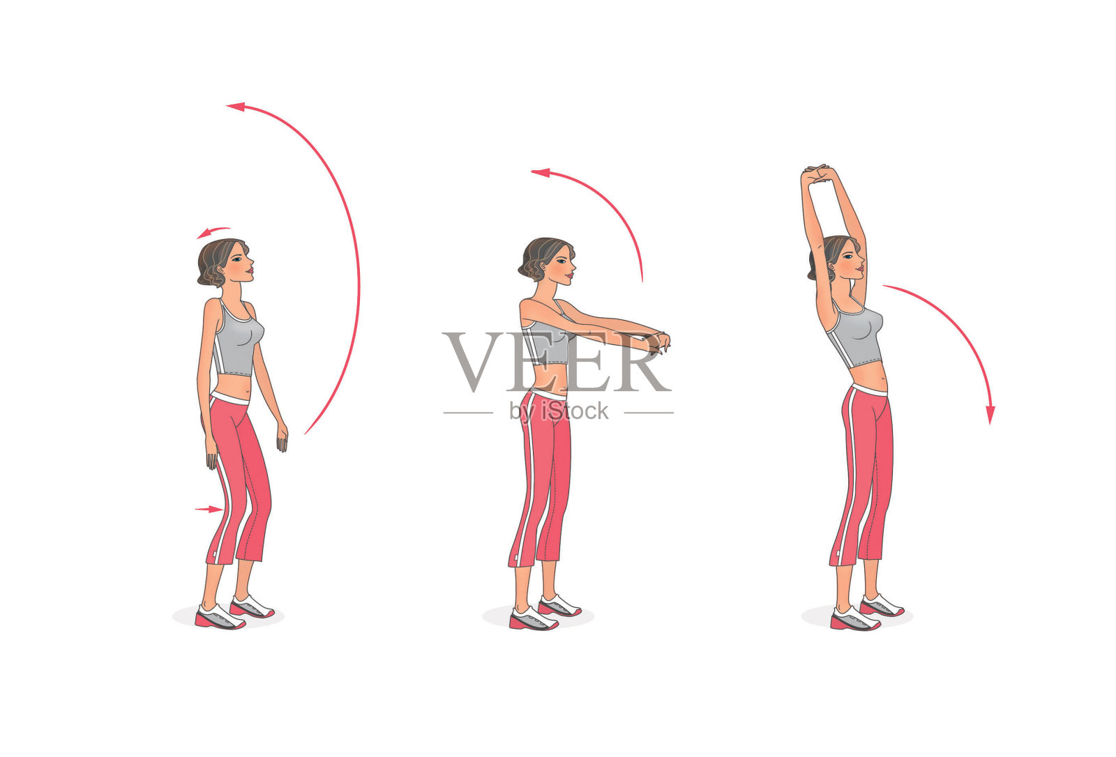 站着的女孩训练呼吸，脊椎，肩膀和手臂的肌肉。孤立在白色背景上插画图片素材
