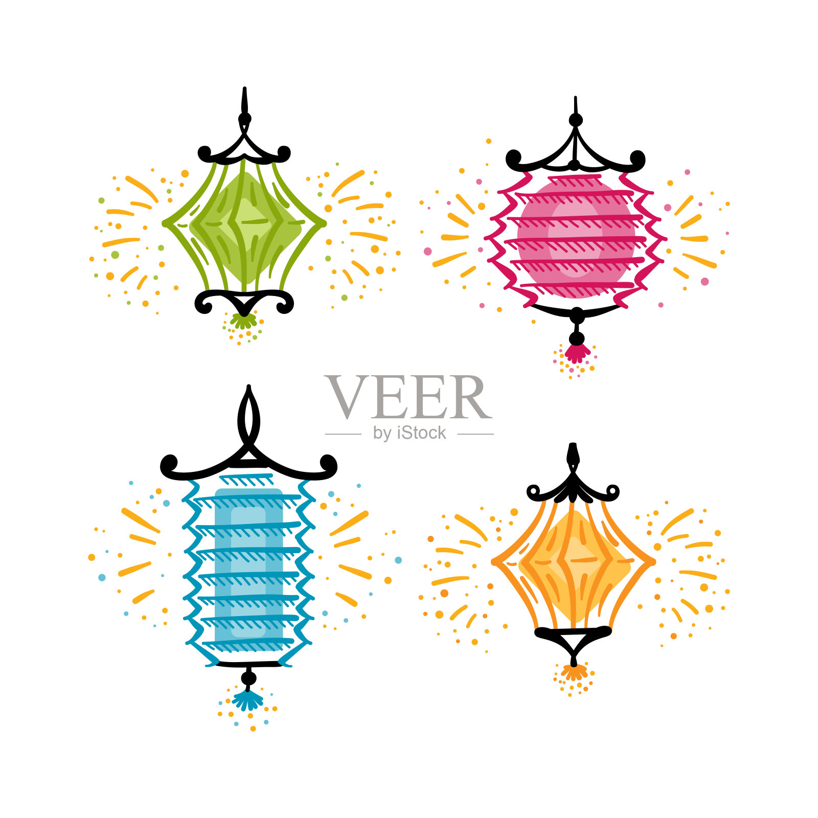 假日发光的仙女灯矢量集。五彩缤纷的节日传统中国纸灯笼设计中国新年，中秋节和其他设计元素图片