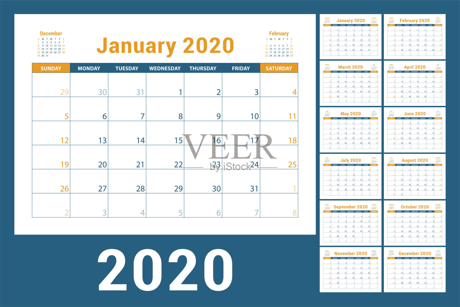 2020年日历的设计。英语计划。Сolor向量模板。一周从周日开始。业务规划新年日历。清洁最小的表插画图片素材