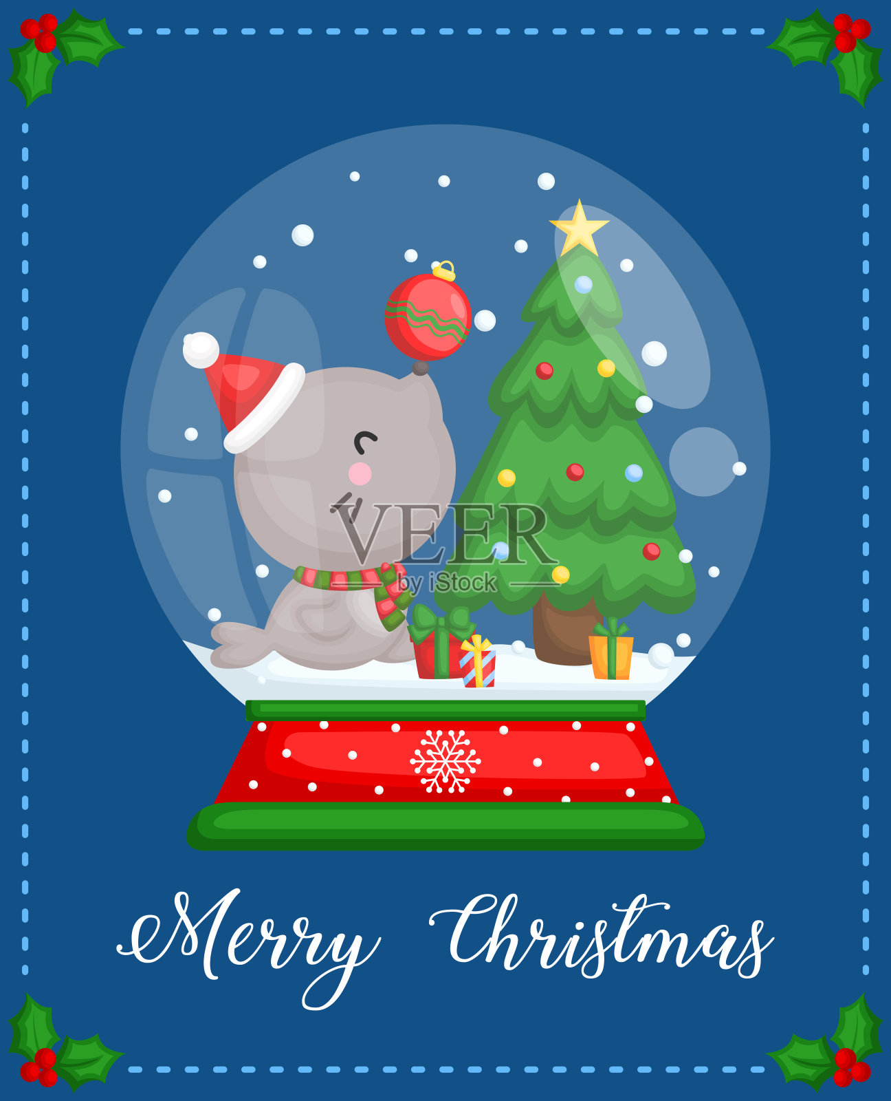 一个简单的向量卡可爱的海豹坐在雪地周围的许多礼物插画图片素材
