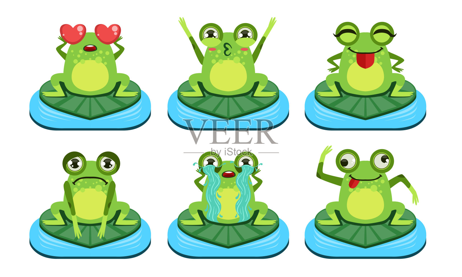绿色有趣的青蛙角色设置，可爱的两栖动物在不同的活动矢量插图插画图片素材