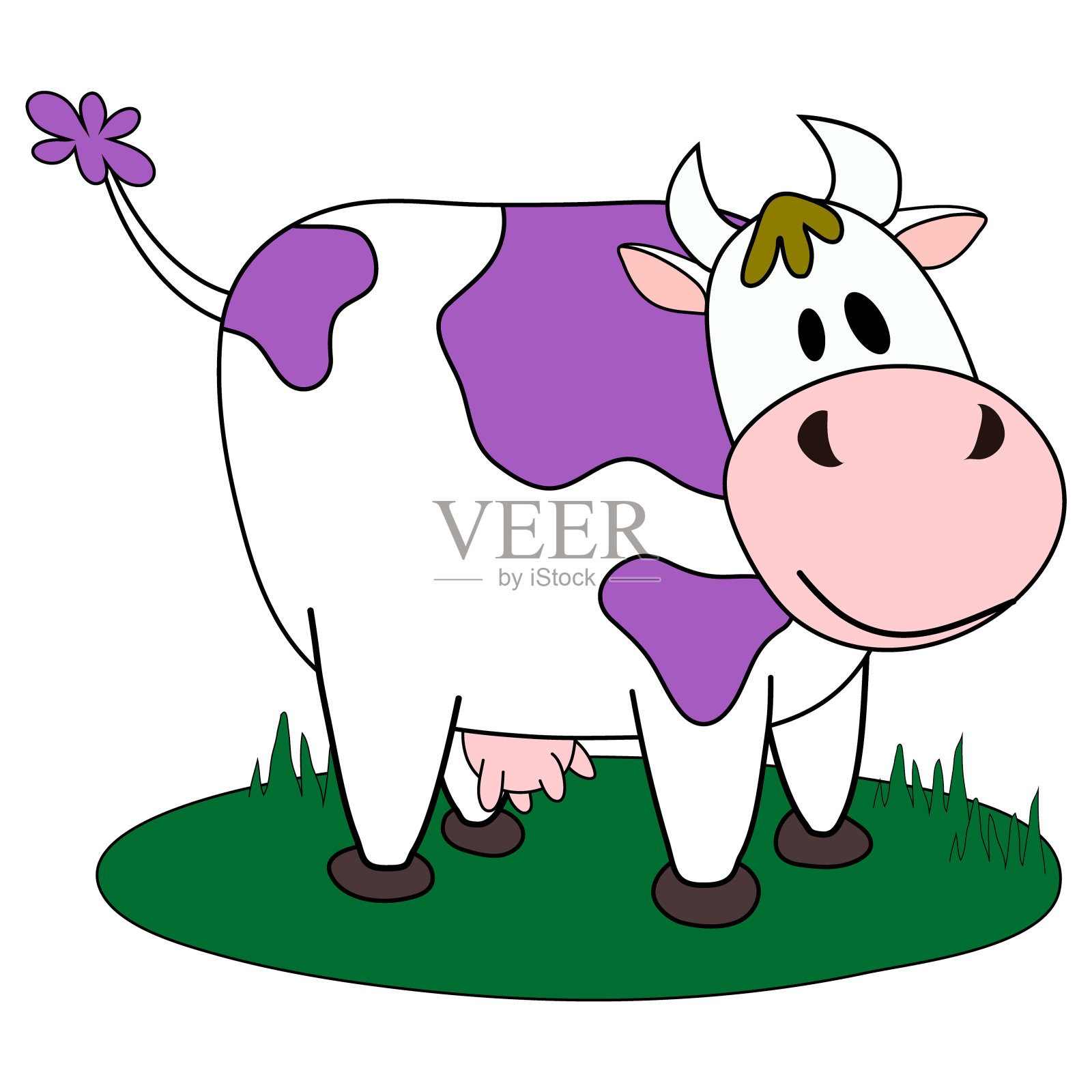 线条卡通站在紫色斑点牛。手绘的，孤立的。矢量图插画图片素材