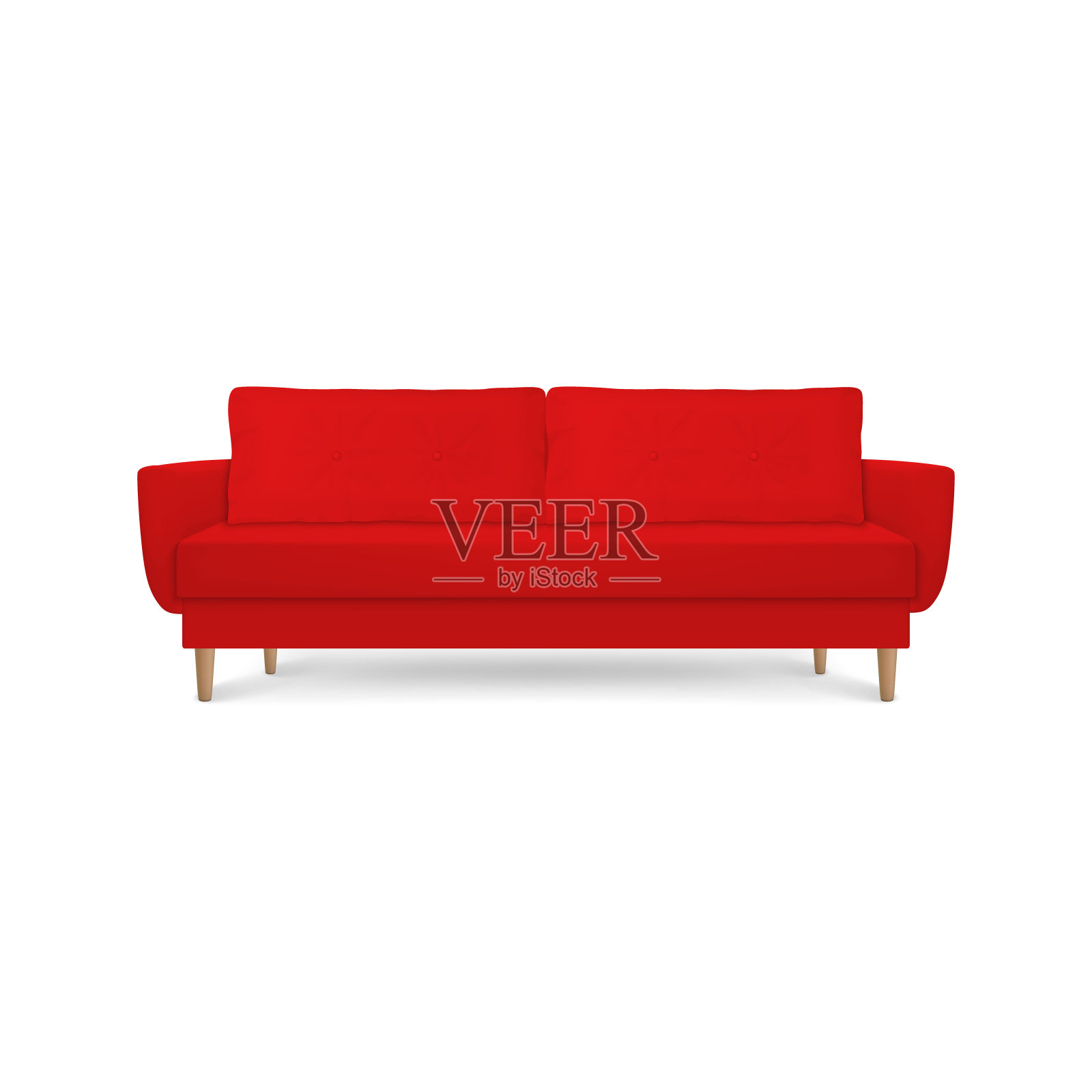 矢量3d现实渲染红色皮革豪华办公室沙发，沙发与枕头在简单的现代风格的室内设计，客厅，接待处或休息室。特写孤立在白色背景插画图片素材