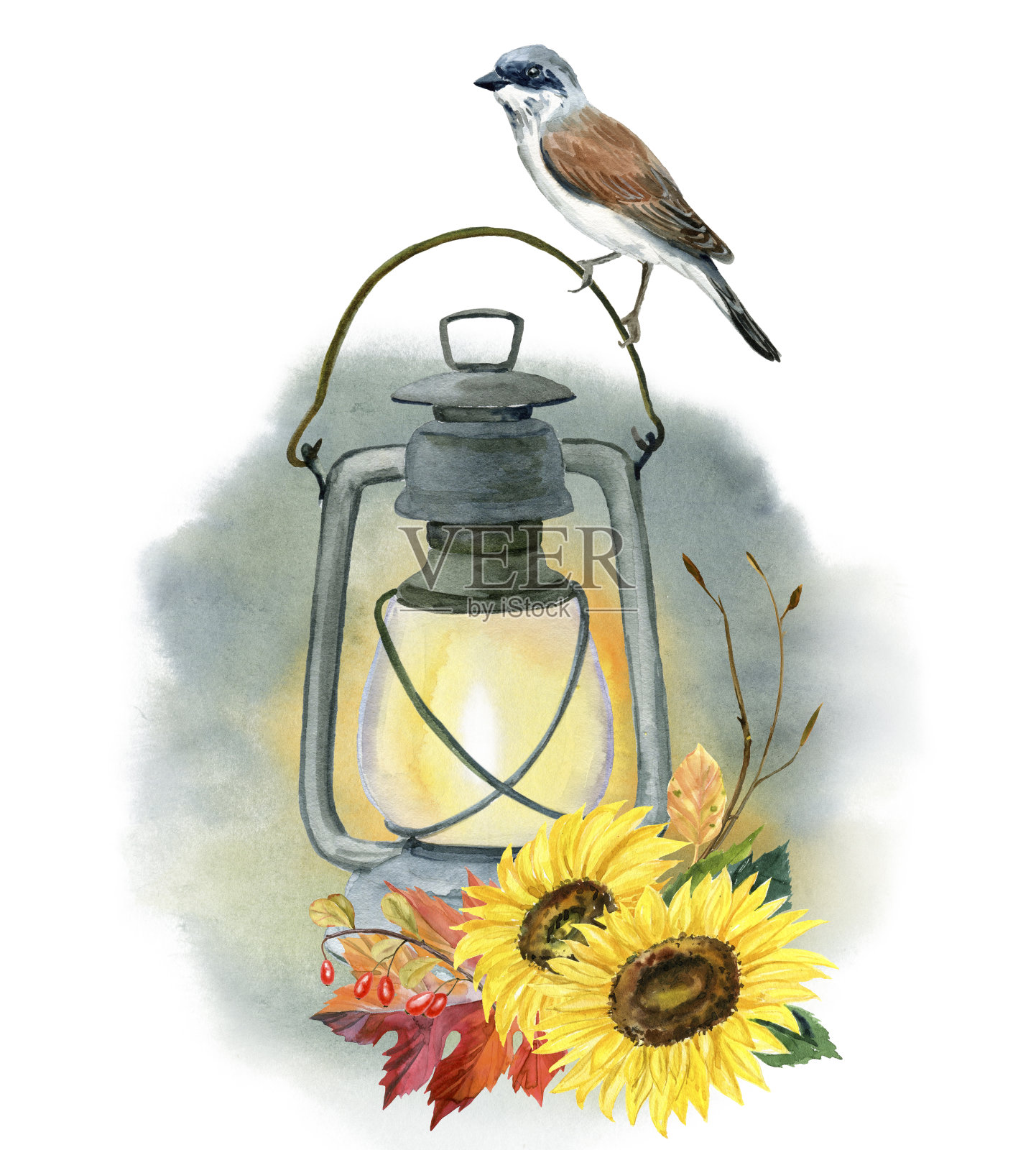 用灯，花，南瓜，水彩画的秋季构图插画图片素材