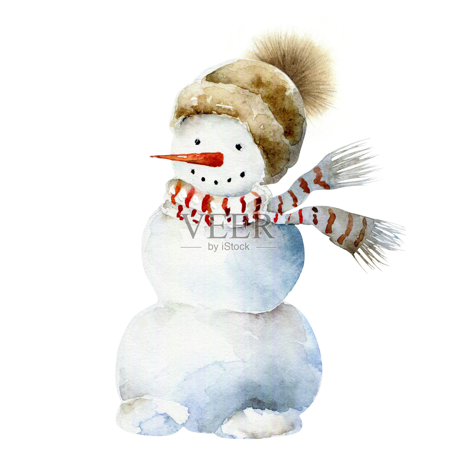 戴着围巾和帽子的水彩雪人。圣诞节水彩插图设计元素图片
