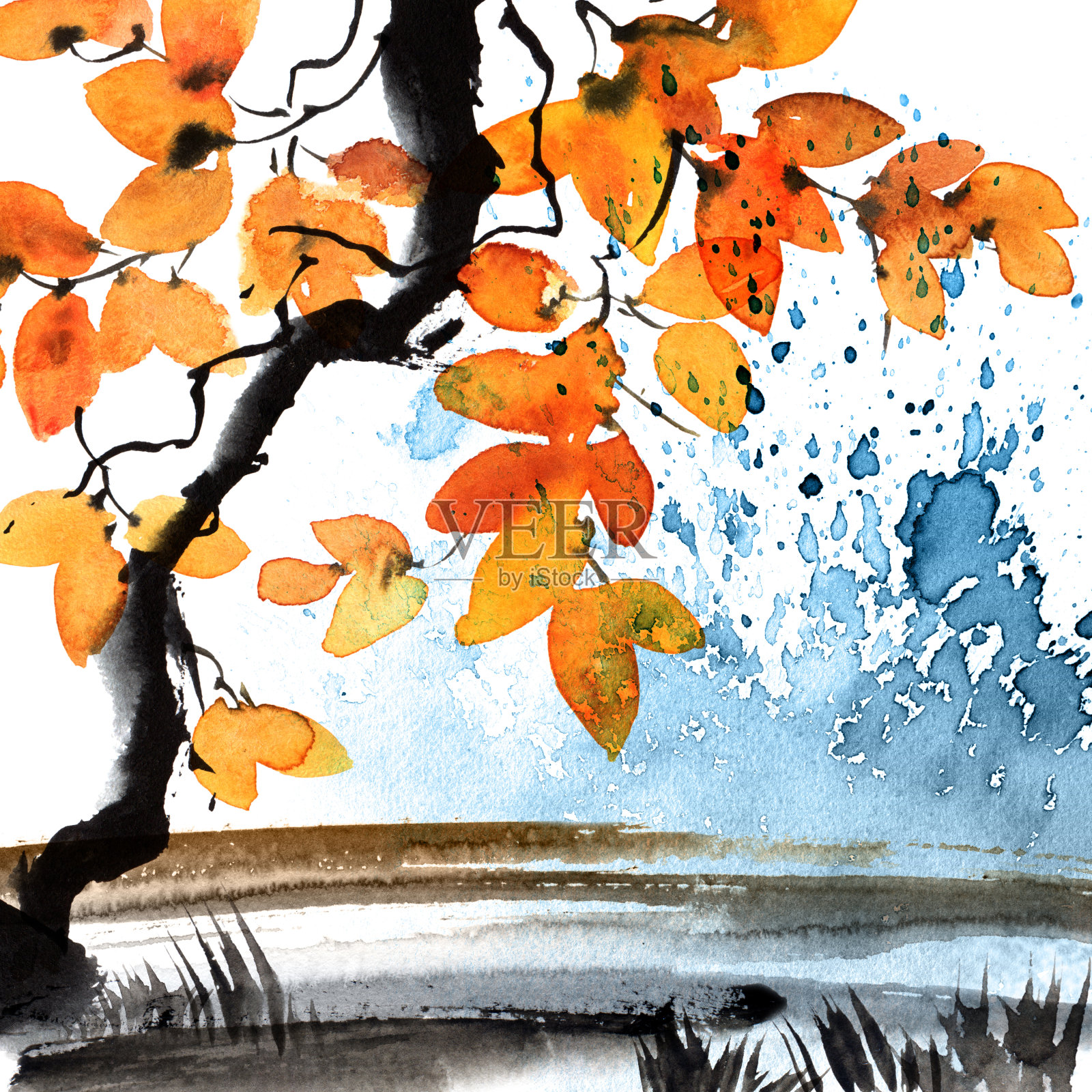 水彩和墨水用树叶画树枝插画图片素材