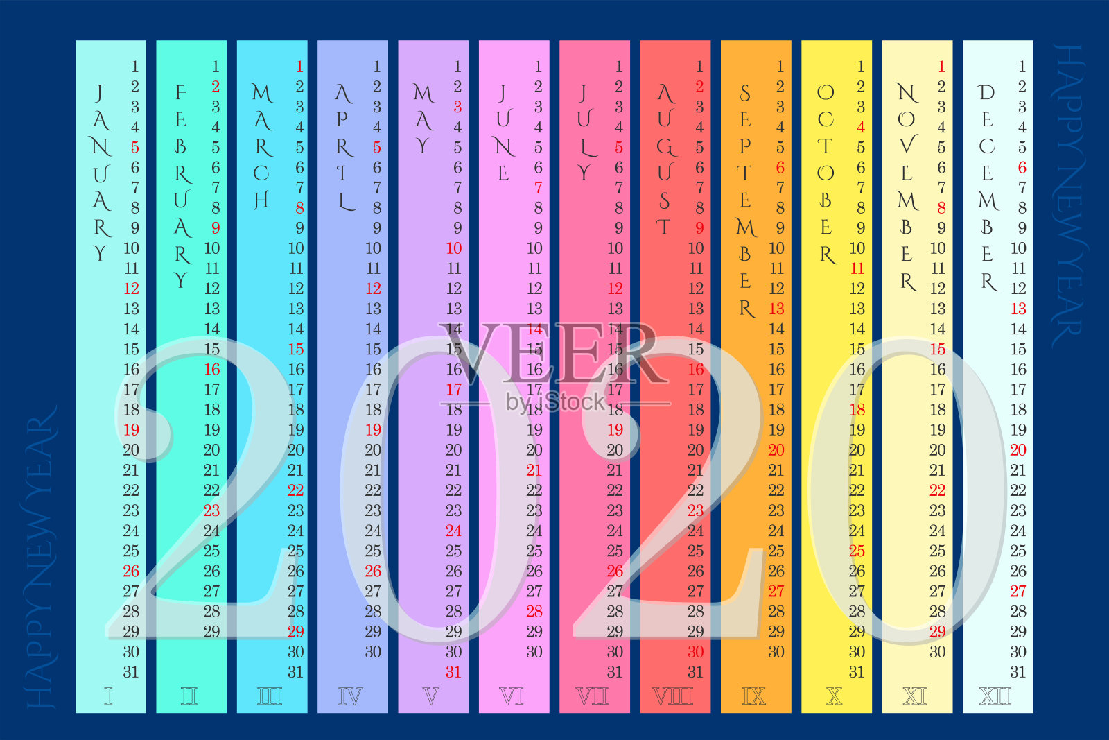 矢量彩虹墙日历2020设计模板素材