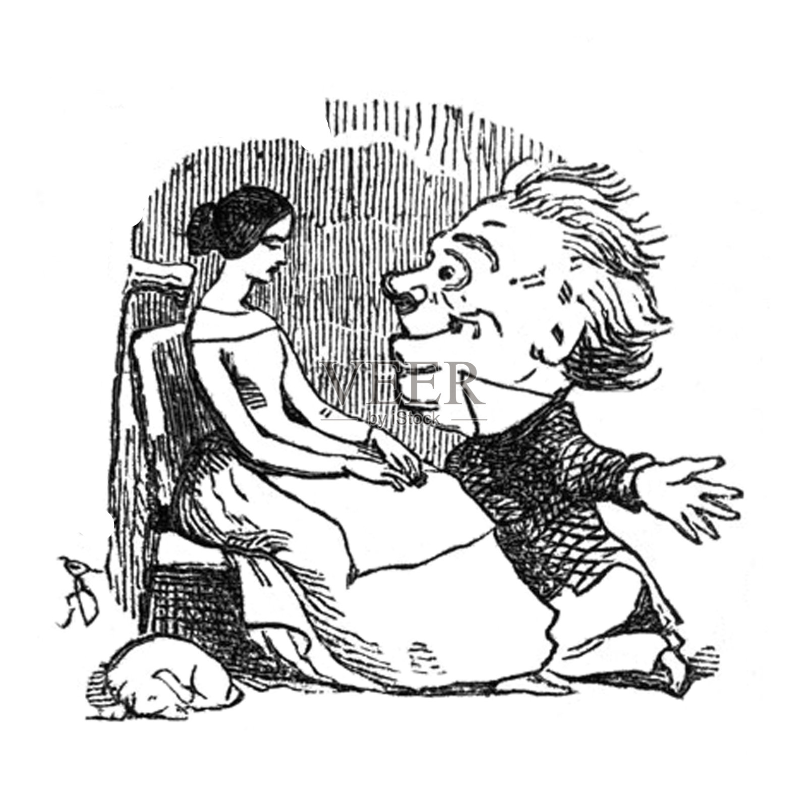 英国讽刺漫画，漫画插图，一个非常大的头在一个膝盖上的男人在一个坐在椅子上的女人前面插画图片素材