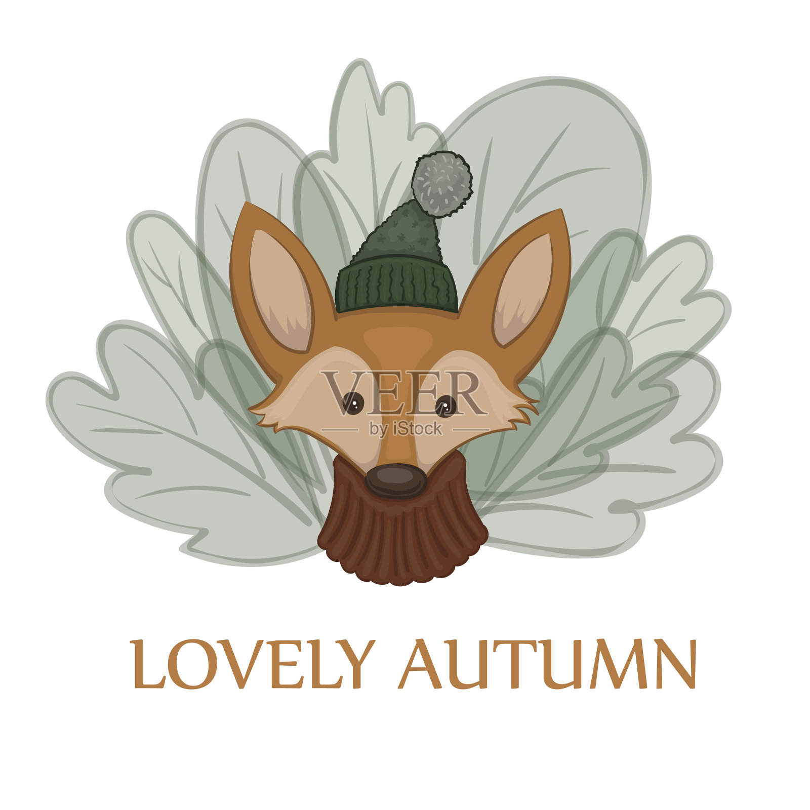 矢量插图的卡通可爱的红狐狸在温暖的套头衫和绿色的帽子与鲍勃在白色的背景与绿色的叶子插画图片素材