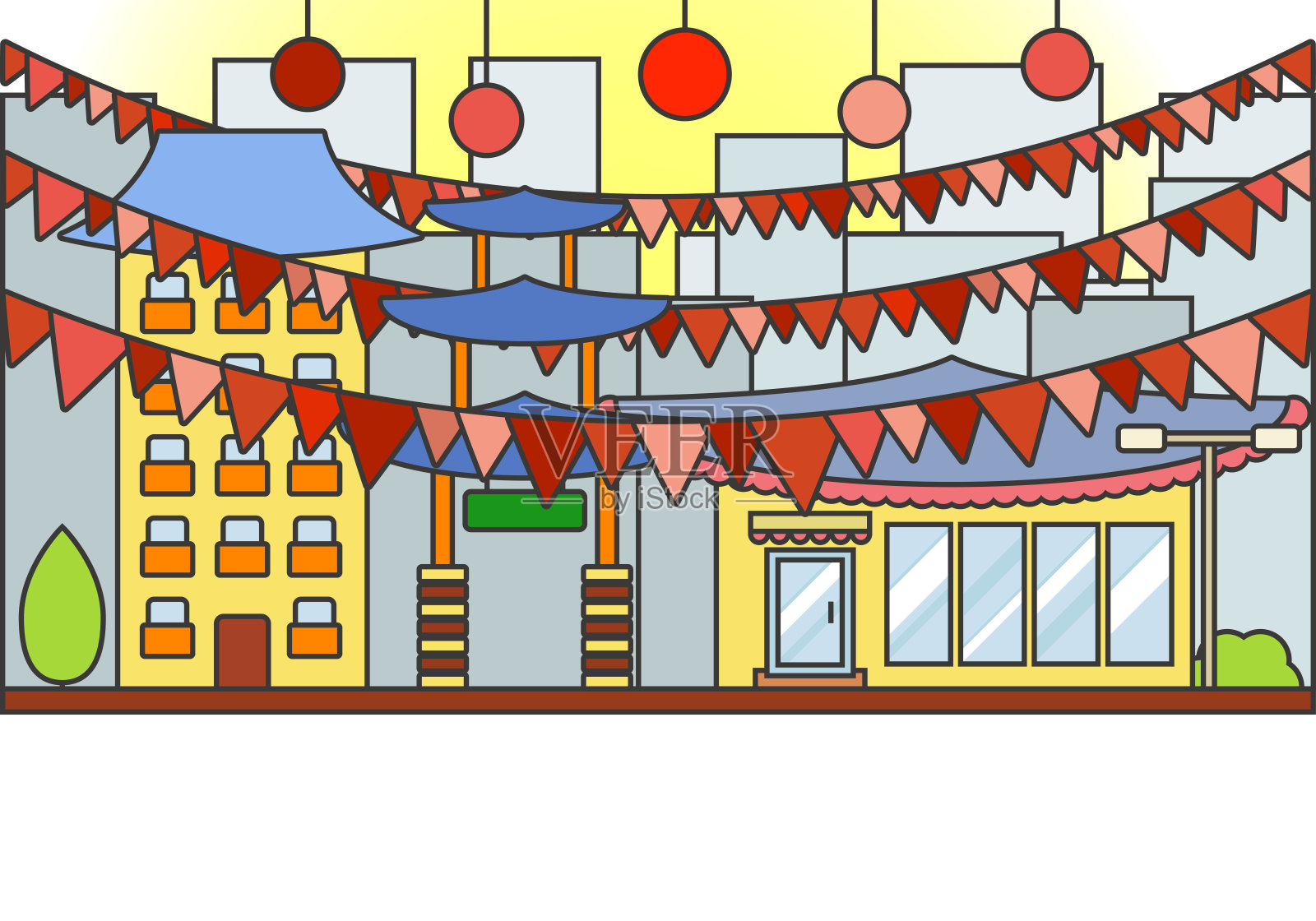 中国城镇。在唐人街，以摩天大楼为背景的气球和花环。旗帜在一个平面设计。插画图片素材