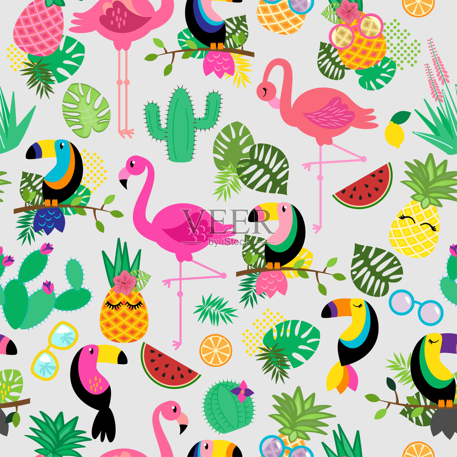 无缝，花砖热带矢量模式与火烈鸟，巨嘴鸟，仙人掌和热带树叶插画图片素材