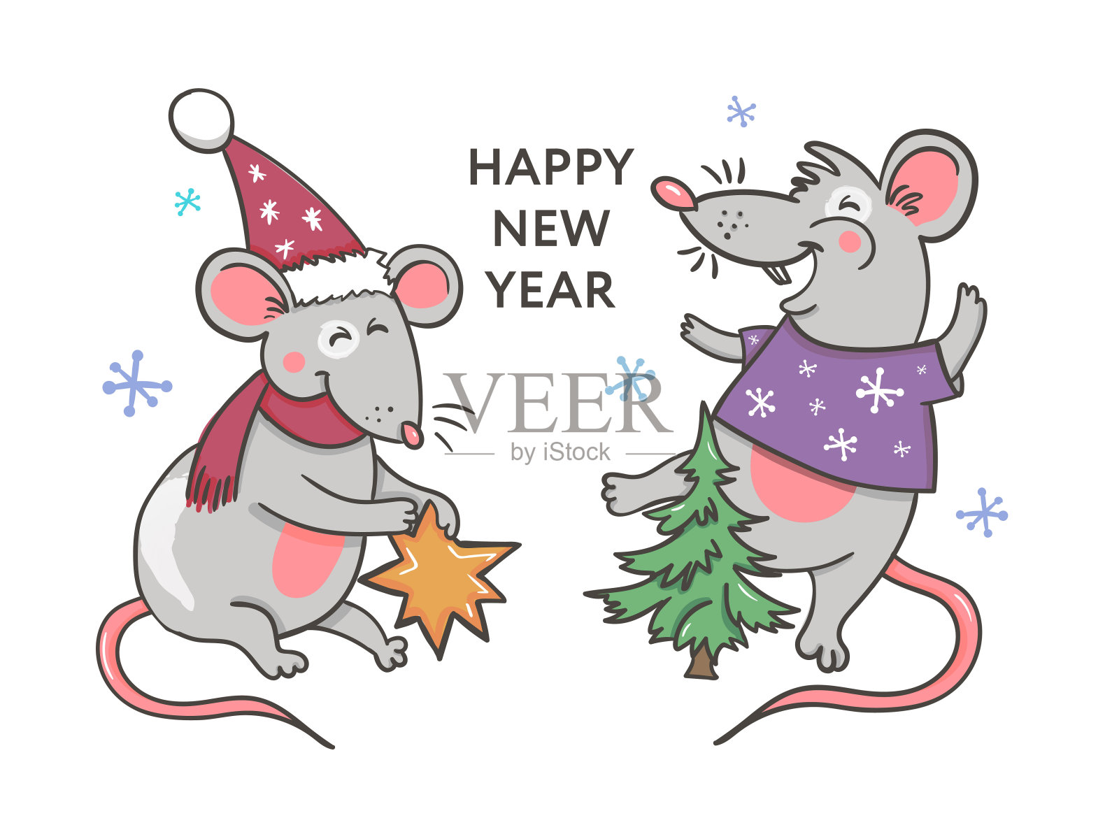 模板图片老鼠新年派对，白色背景的2020年新年。有趣的素描鼠标矢量插图。插画图片素材