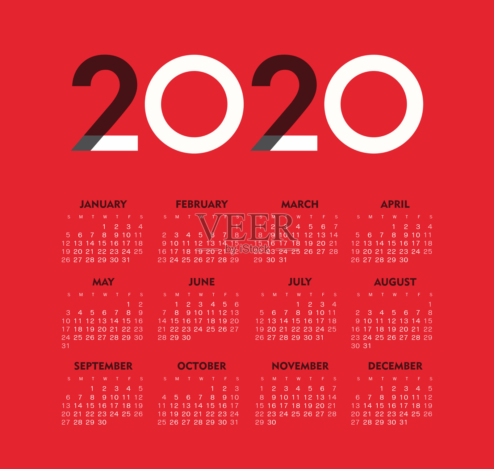 矢量日历2020年。周日开始一周设计模板素材