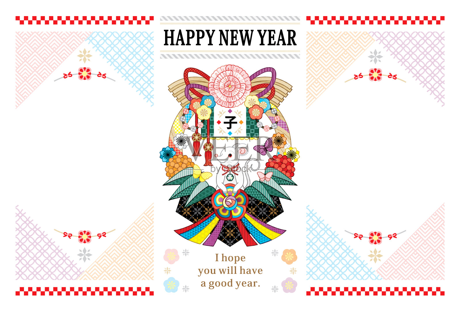 2020年新年贺年卡的鼠标年和日本装饰插图贺卡设计两帧设计模板素材