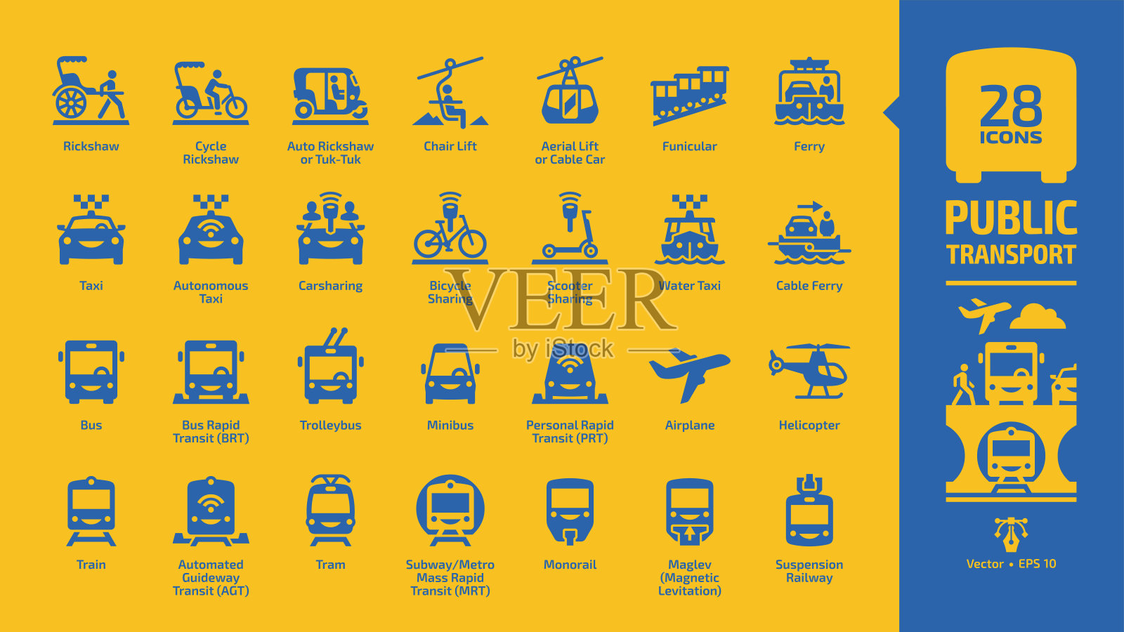 公共交通蓝色图标设置在黄色背景，城市，城市间和国际客运车辆字形符号:自行车和汽车三轮车，空中和座椅升降机，缆车，渡船，出租车。插画图片素材