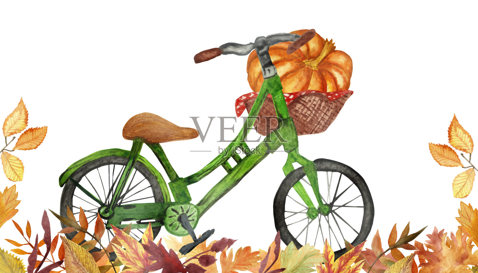 水彩手画自然的秋天组成与绿色的自行车，棕色的篮子与大橙色南瓜和橙色金色的落叶在地上明信片和万圣节请柬设计元素图片