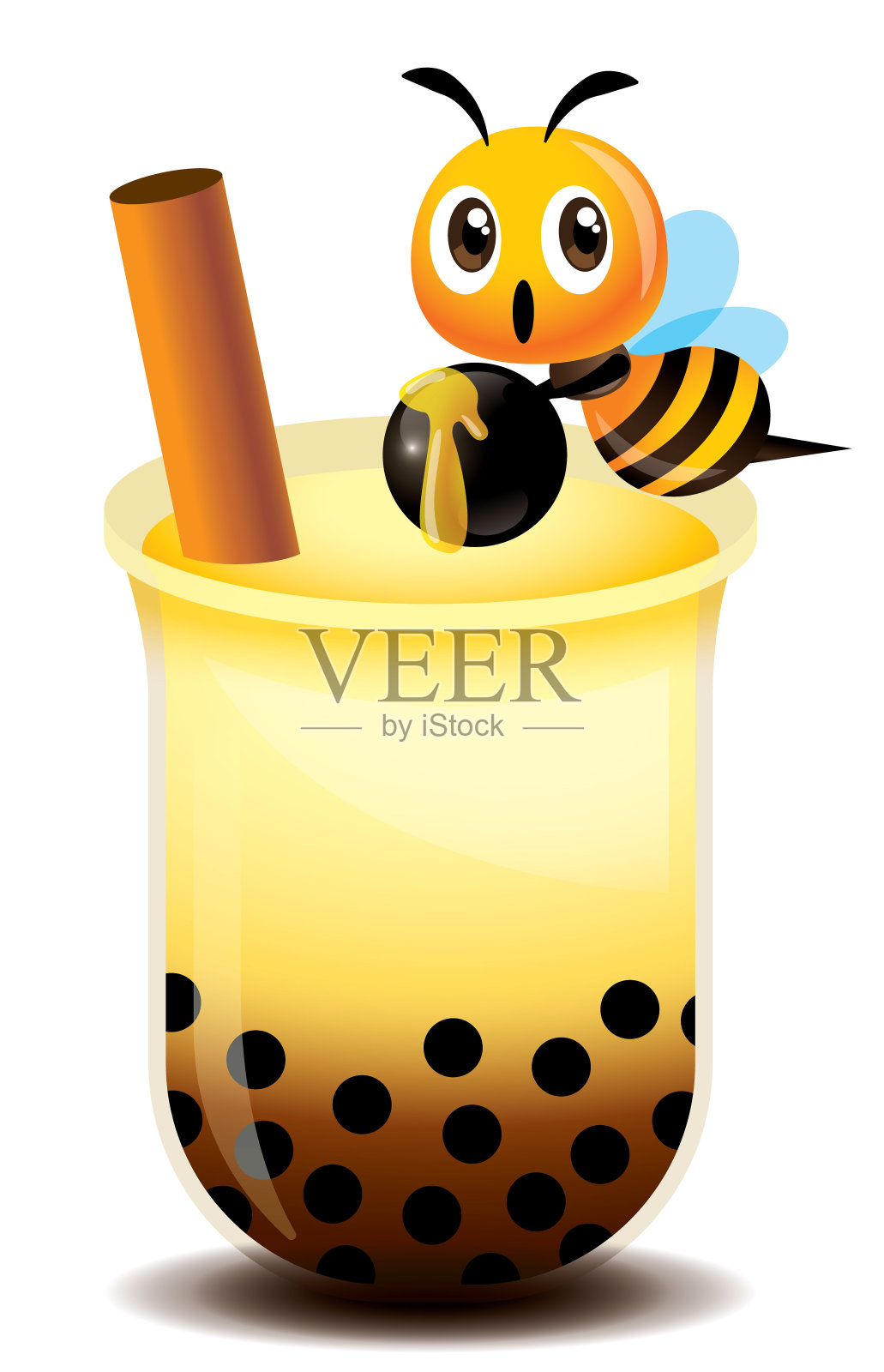 卡通可爱的蜜蜂拿着耐嚼的木薯球与新鲜的顶部珍珠和红糖泡沫茶向量吉祥物插图插画图片素材