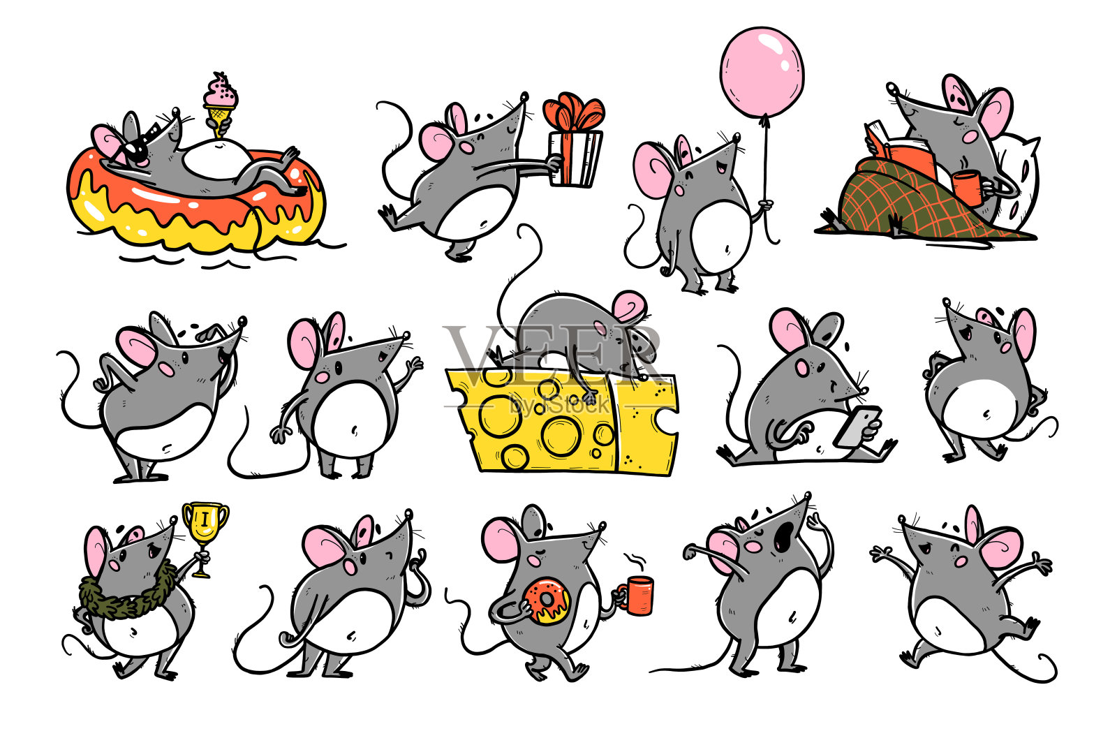 矢量插图的可爱的手绘制灰色鼠标角色在不同的情况插画图片素材