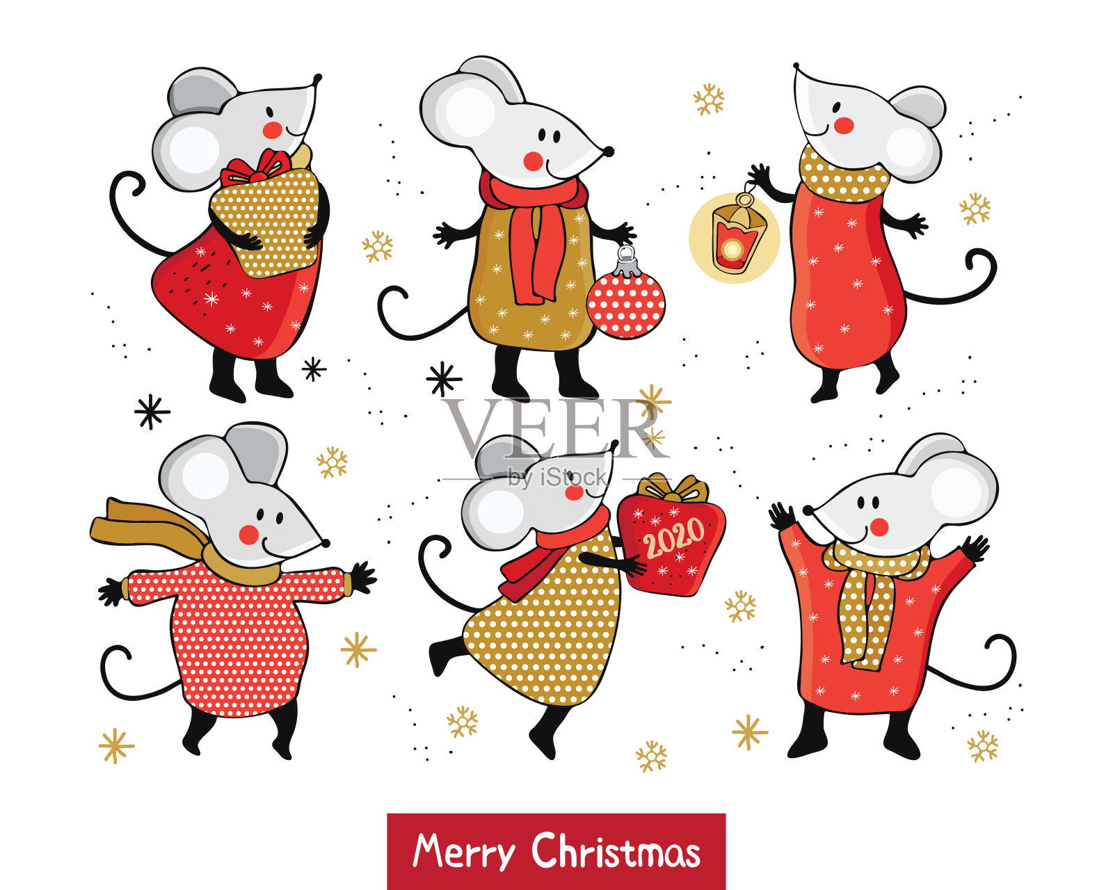 新年和圣诞贺卡在矢量。可爱的卡通老鼠高兴，跳舞，送礼物。老鼠新年红，金，银，有趣又快乐。中国标志2020年新年。涂鸦。手绘设计模板素材
