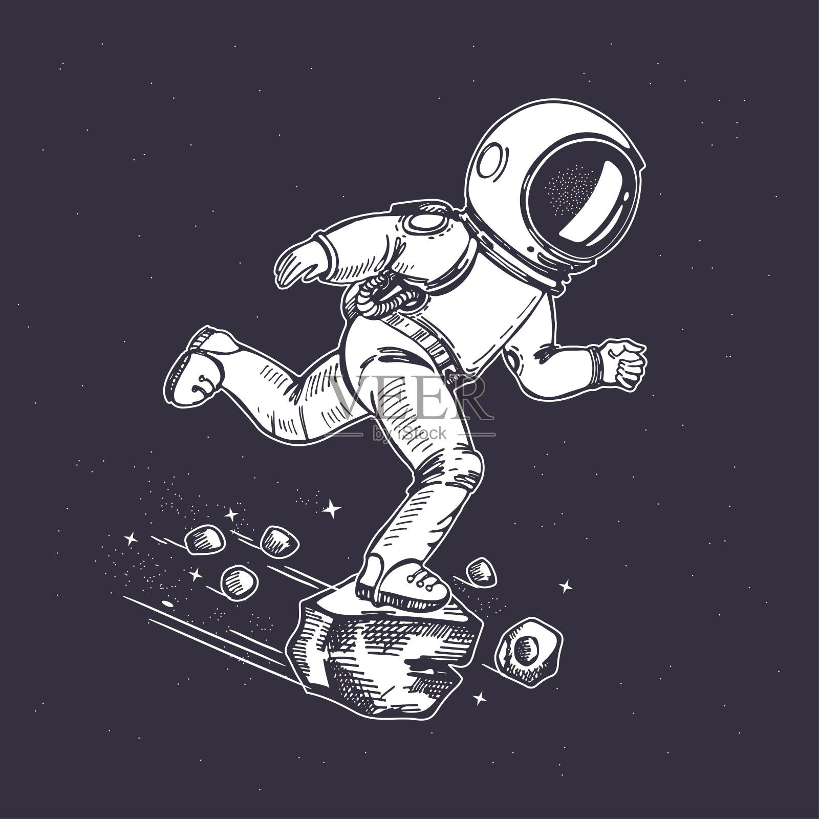 宇航员在太空中奔跑。草图图形。手绘图形。插画图片素材