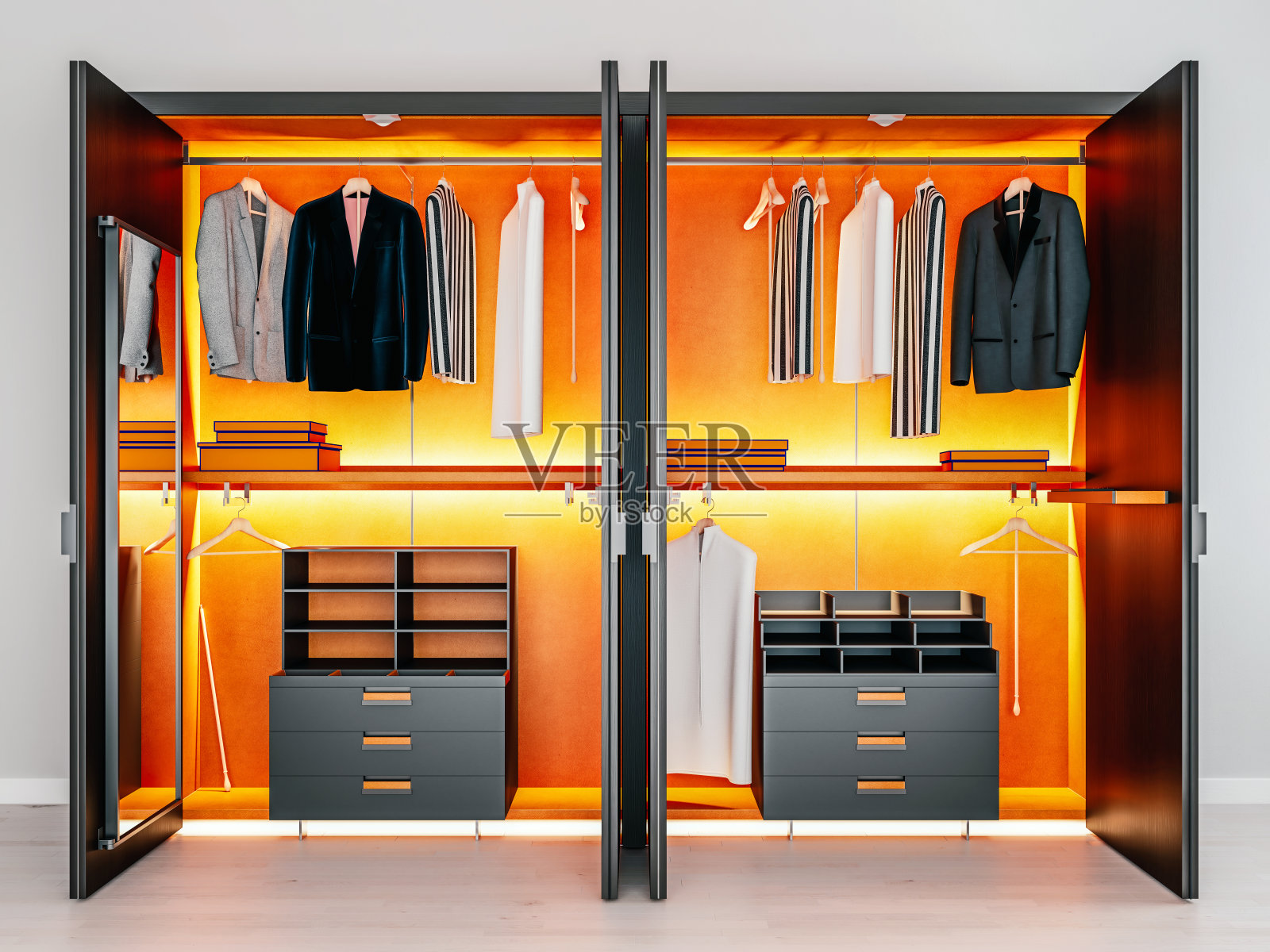 现代暗橙色木制和金属衣柜与男士衣服挂在轨道上在壁橱设计室内，3d渲染照片摄影图片