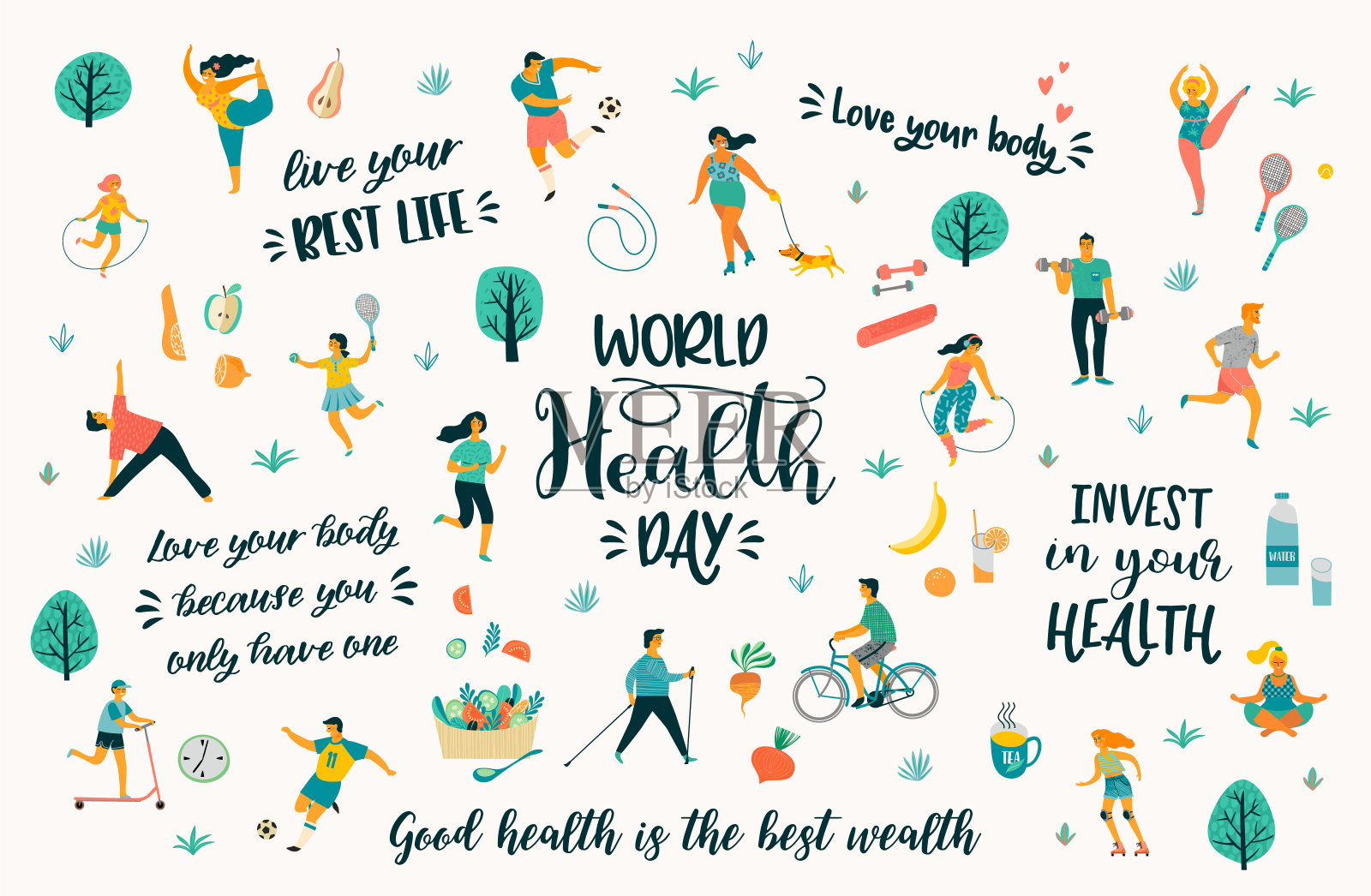 世界卫生日。矢量插图与人领导一个积极健康的生活方式和引用。插画图片素材