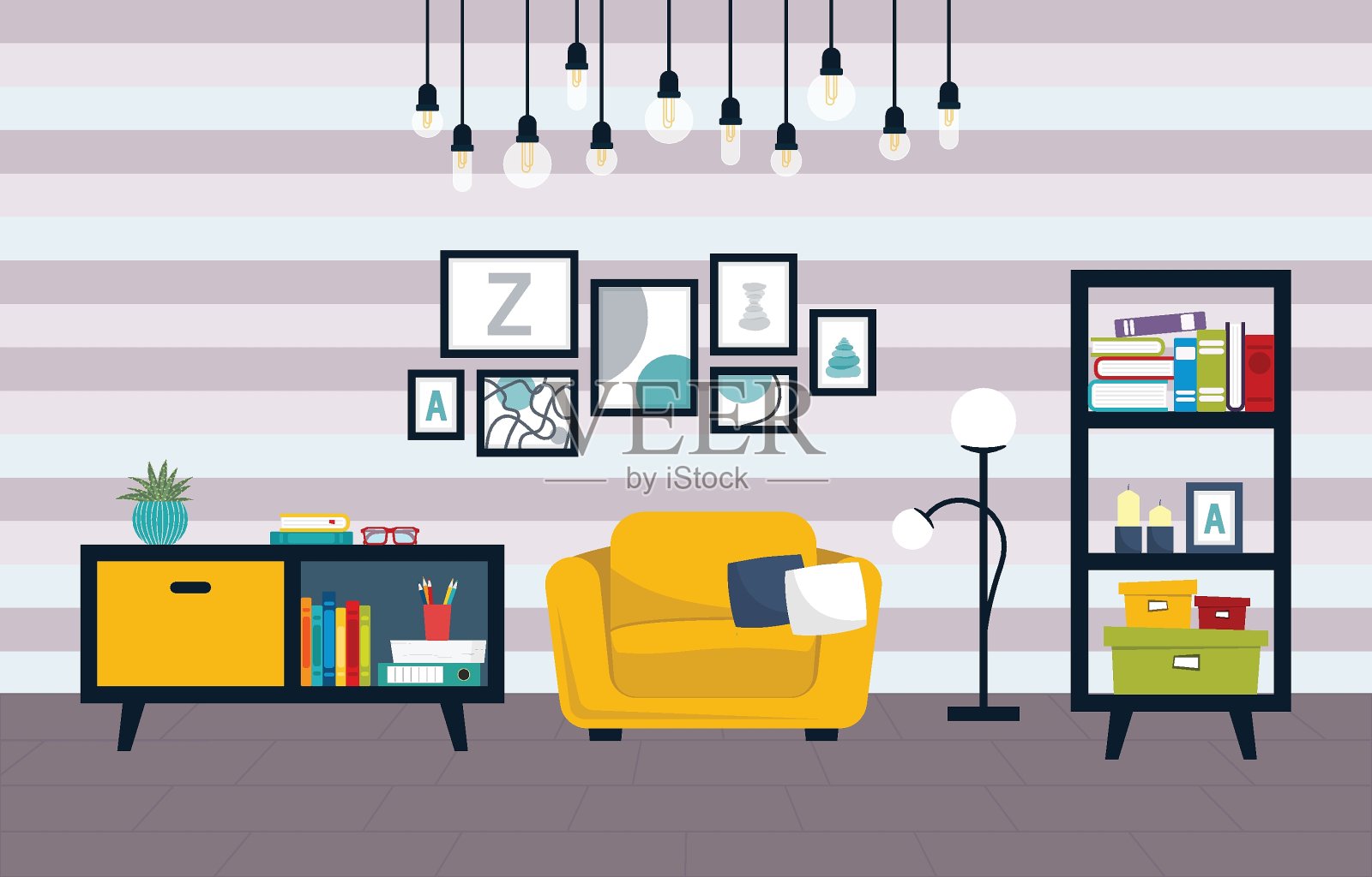 平房风格的客厅。家庭插图与椅子，咖啡桌，灯，书架上的书和其他装饰配件插画图片素材