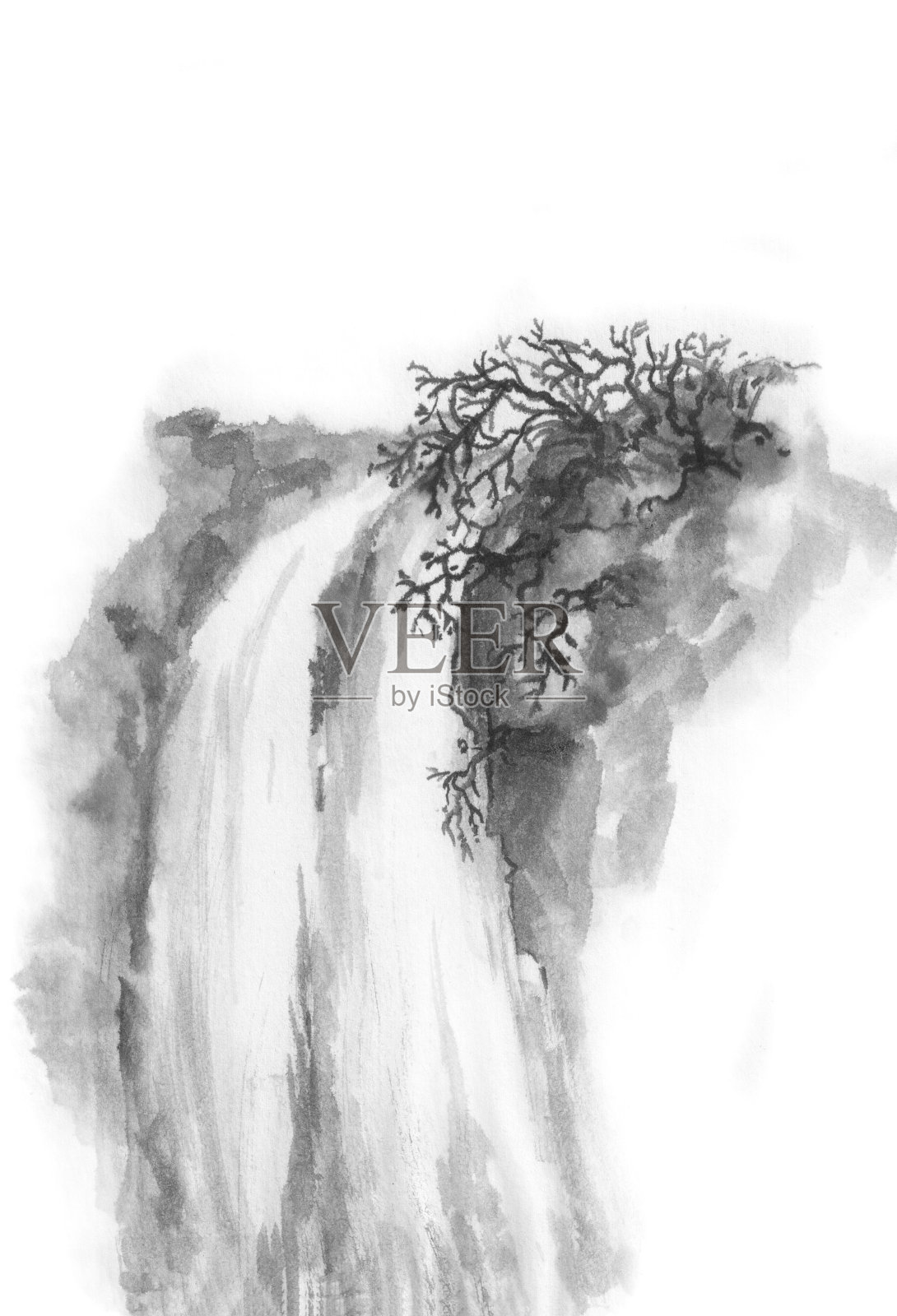 中国风格。山上的瀑布。背景与山脉。墨山。黑白图像。插画图片素材