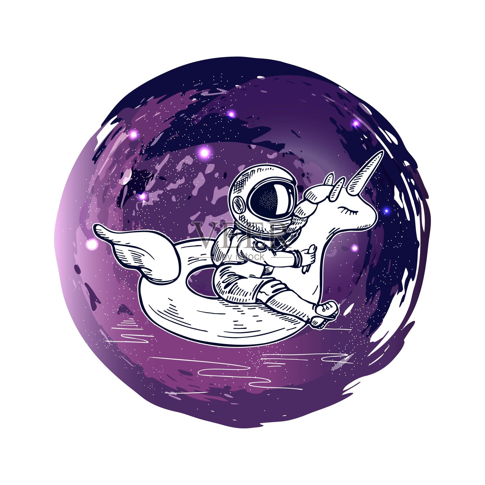 宇航员在太空中绕着独角兽游一圈。关于天文学主题的插图。插画图片素材