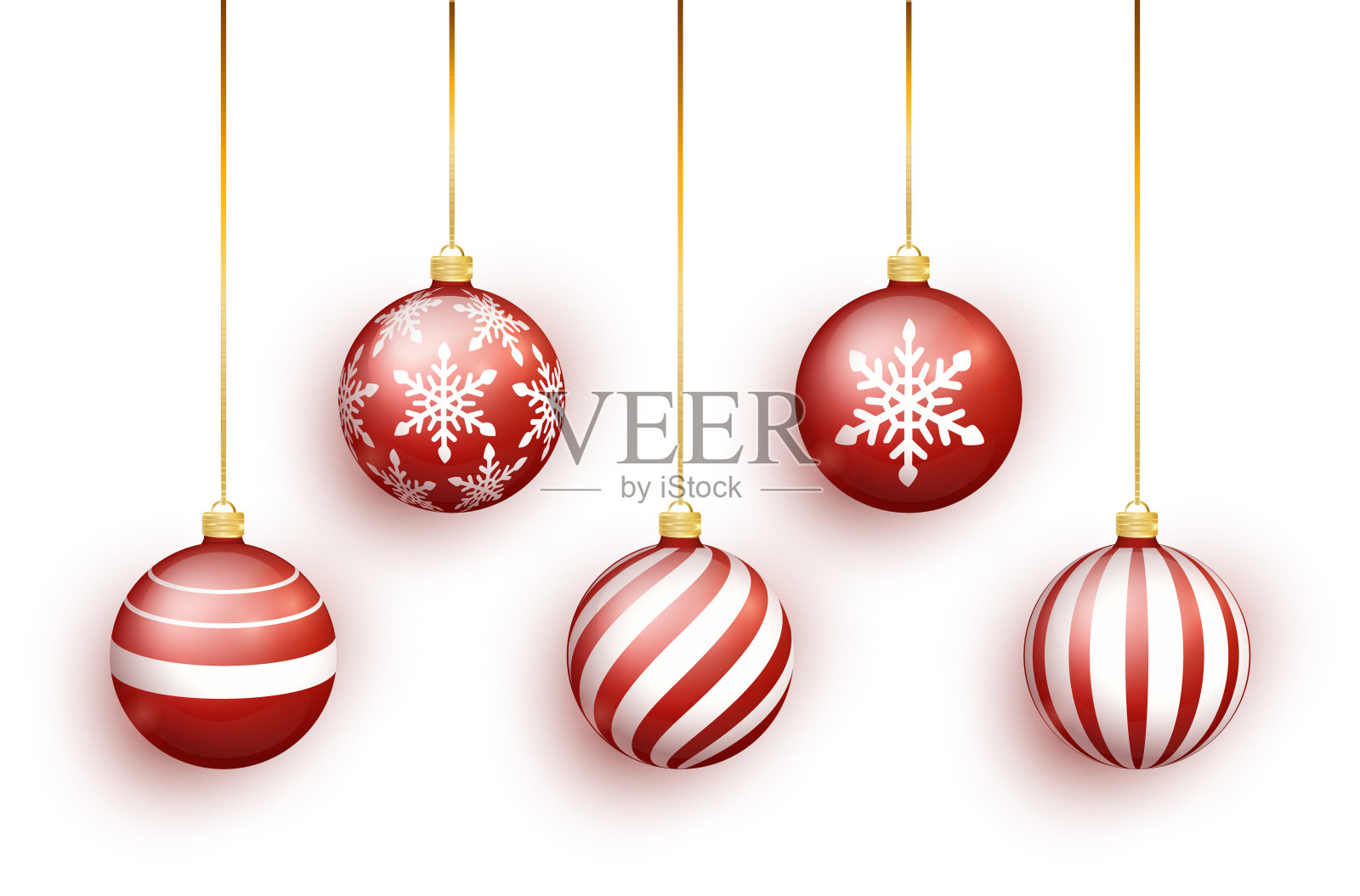 红色圣诞树玩具集孤立在白色的背景。袜子圣诞装饰品。矢量对象为圣诞节设计，模型。矢量现实对象插图。设计元素图片