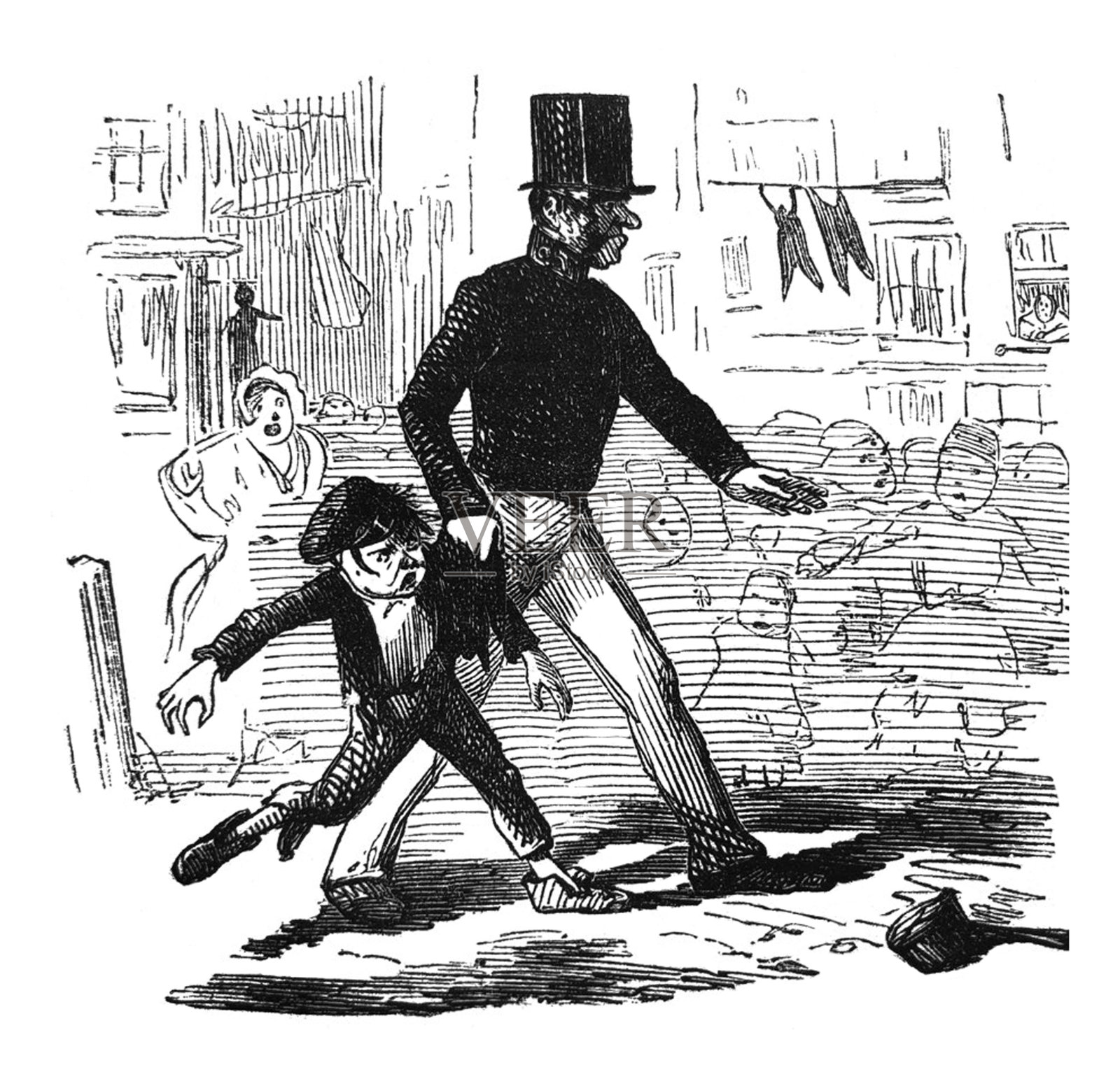 英国讽刺漫画漫画插图男人挽着一个坏男孩从别人身边走过设计元素图片