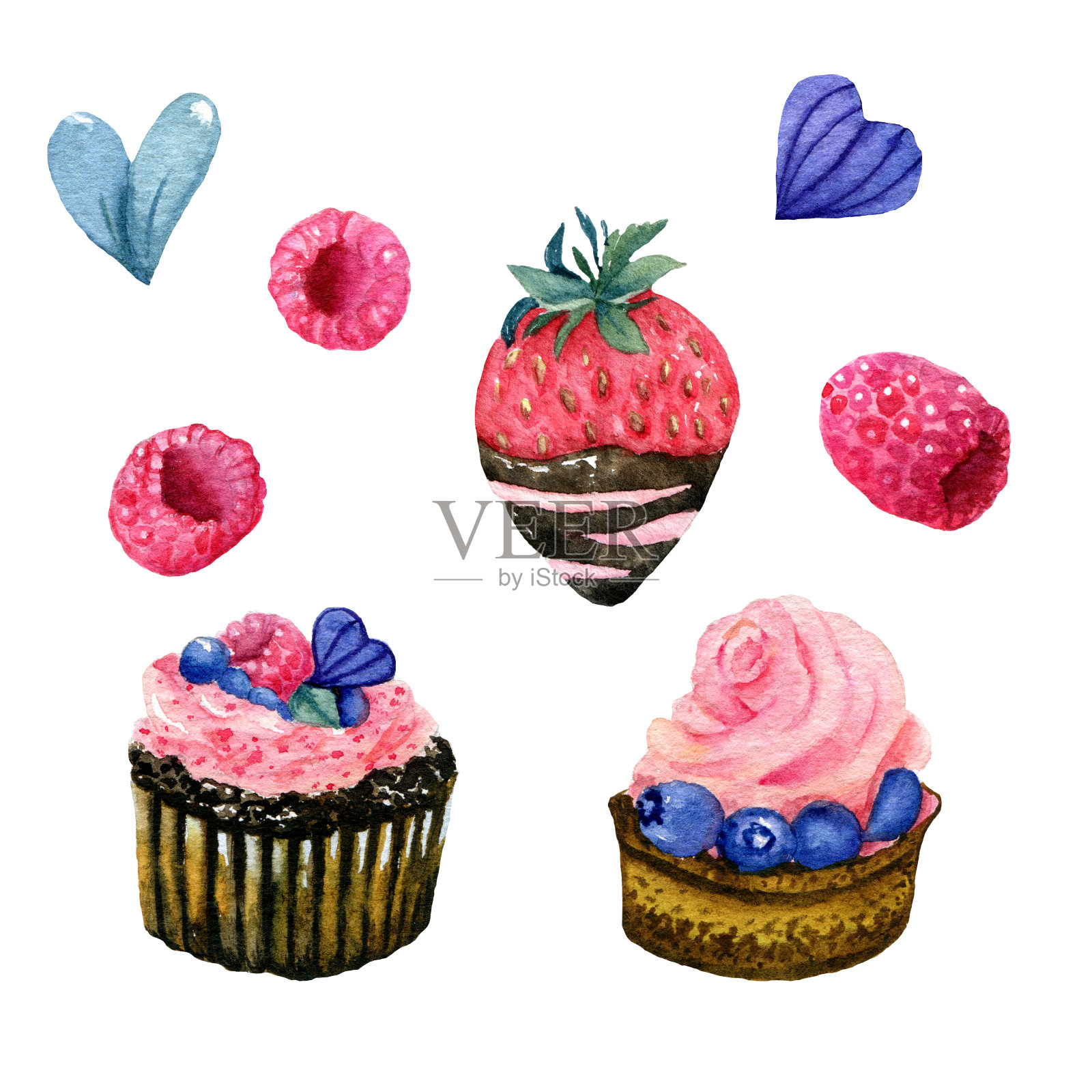 一套水彩甜点和浆果插画图片素材