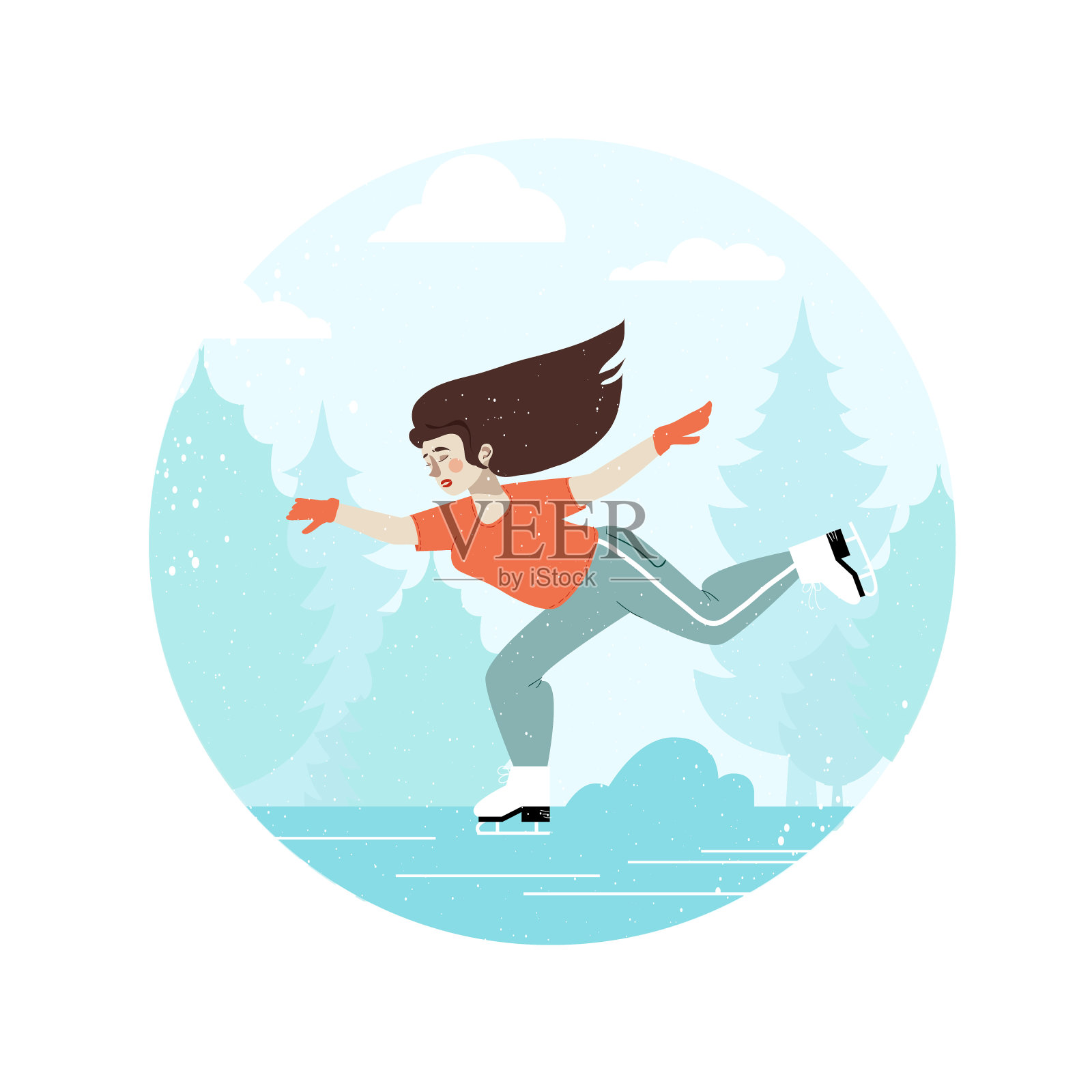 女子花样滑冰。快乐在溜冰场滑冰。冬季运动。节日快乐。景观。圈框架。白色背景。设计元素图片