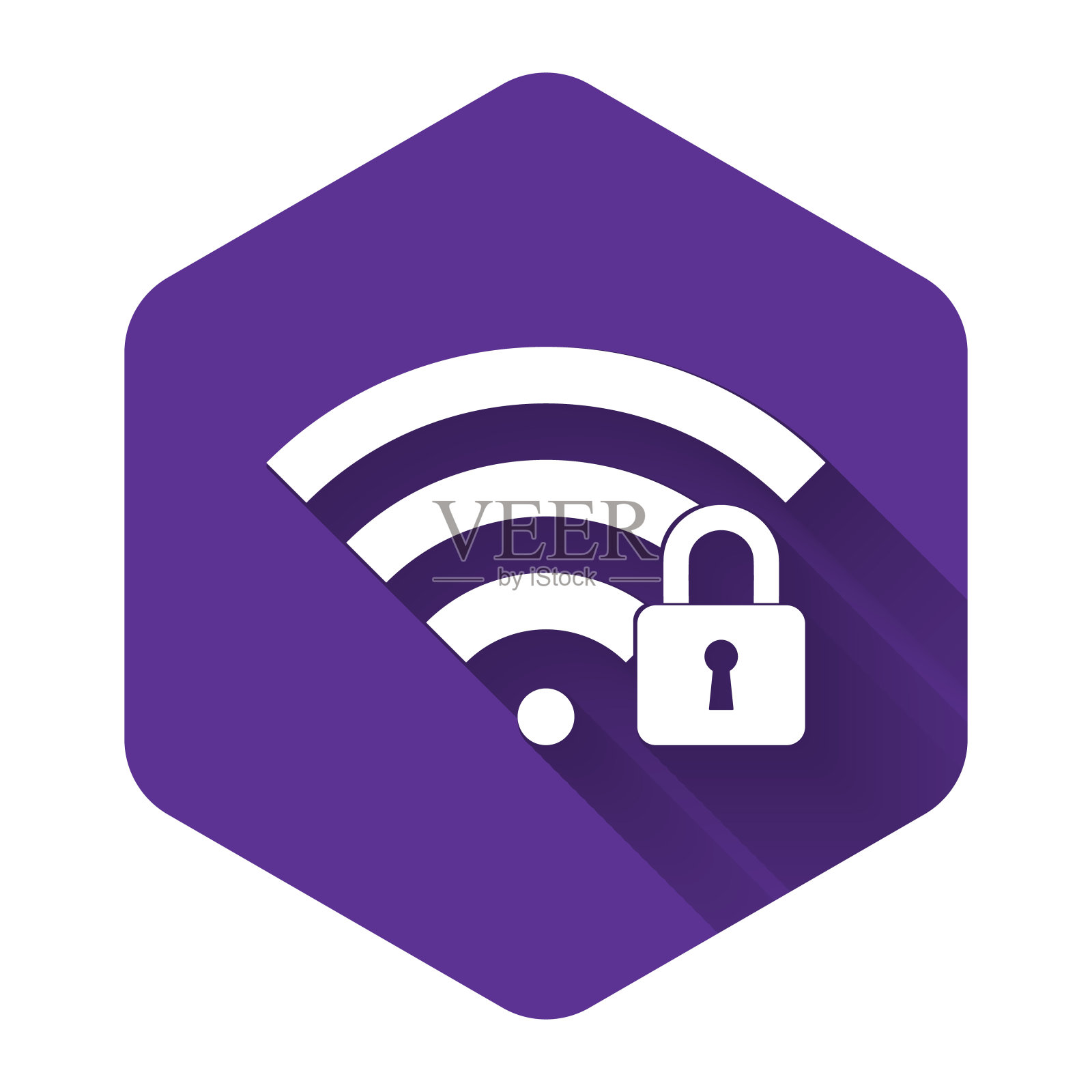 白色Wifi锁定图标隔离与长影子。密码wi - fi的象征。无线网络图标。无线区域。紫色的六角按钮。矢量图插画图片素材