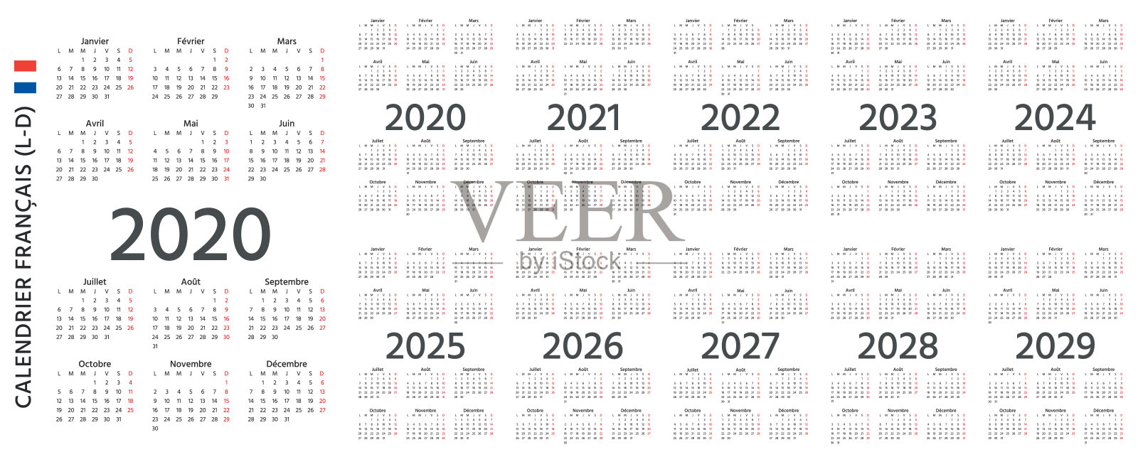 2020年法国日历。矢量插图。模板一年计划。设计模板素材